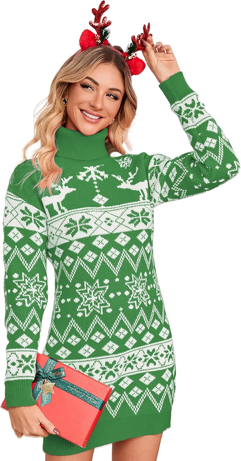 SunnyMelody Womens Ugly Christmas Turtleneck Cable Knit Sweater Dress 2025 Snowflake Long Sleeve Sweaters Dresses