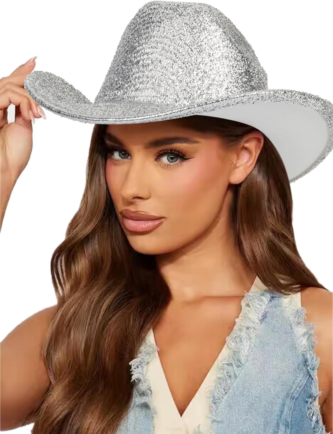 Women-Western-Glitter-Cowboy Hat - Sparkle-Cowgirl-Hat Roll-UP- Brim-Fedora-Hat for Disco Costumes Party