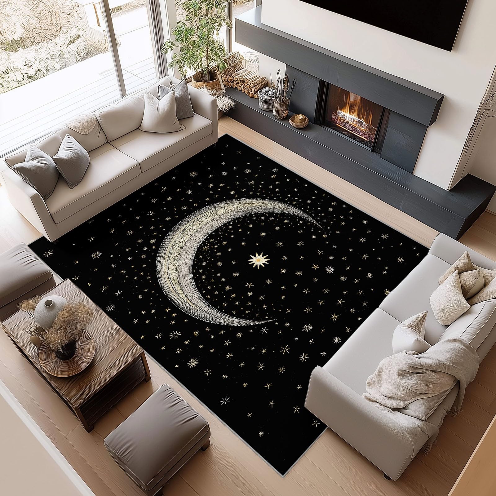 Tapis Enfant Lune Et Étoiles 180x240cm Tapis Salon Grande Poils Courts Doux, Design Antidérapant Moderne, pour Cuisine, Salle à Manger, Bureau et Chambre