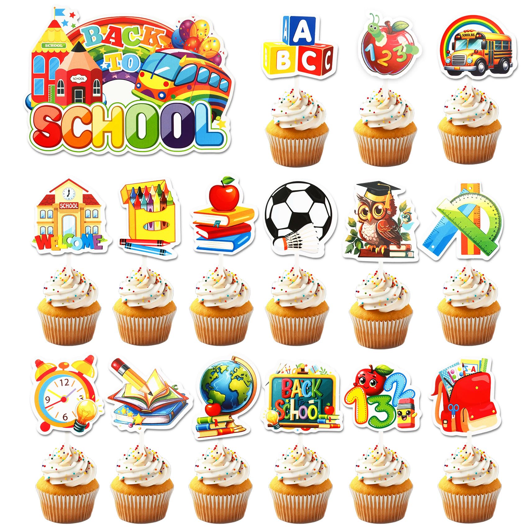 32Pcs Back To School Cupcake Toppers,Back To School Cake Decoration Flags