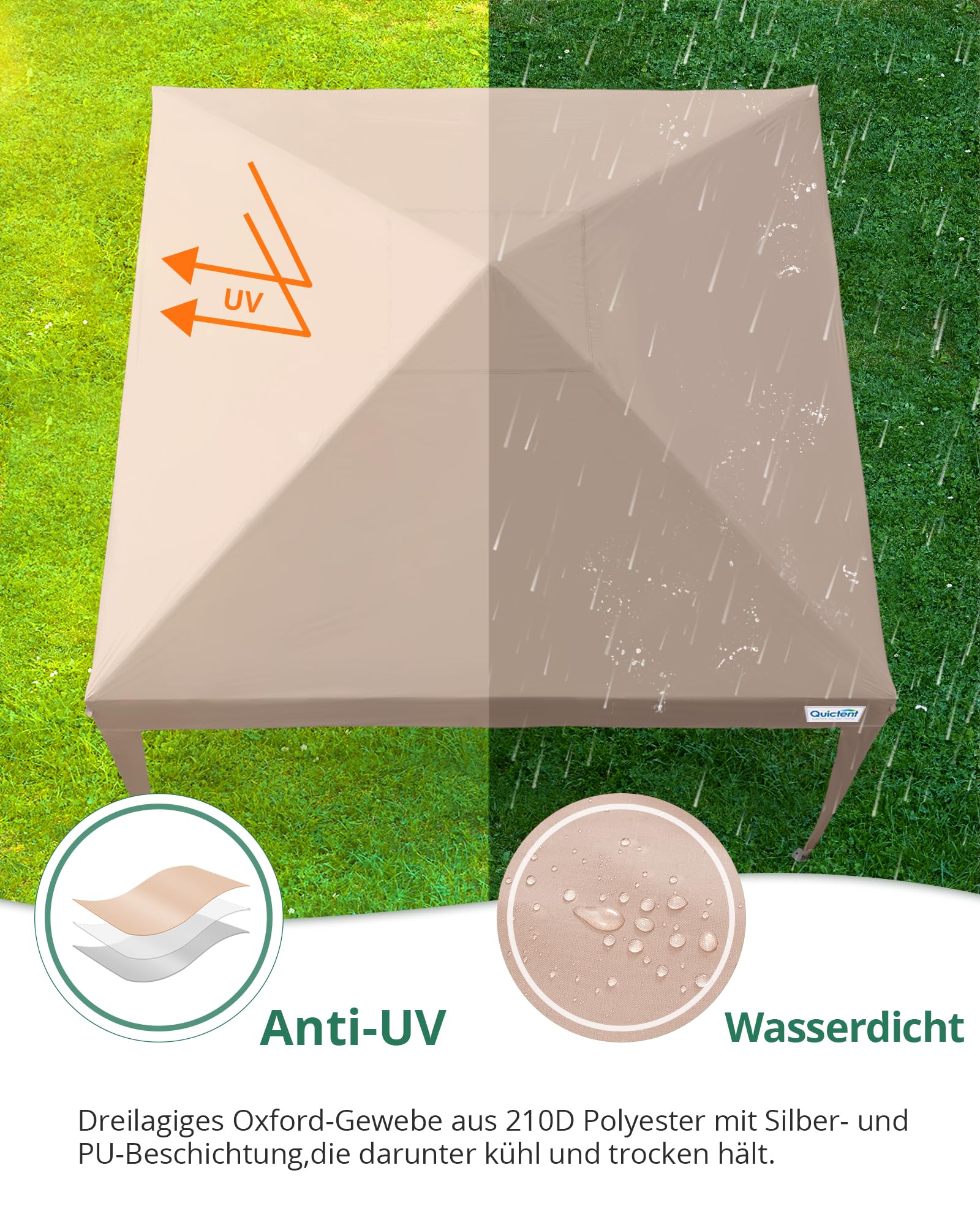 Quictent Pavillon 3x3m Faltpavillon mit 4 Seitenteilen, Wasserdicht Gartenpavillon mit Rolltasche,Partyzelt Gartenzelt für Fest und Flohmarkt, Beige