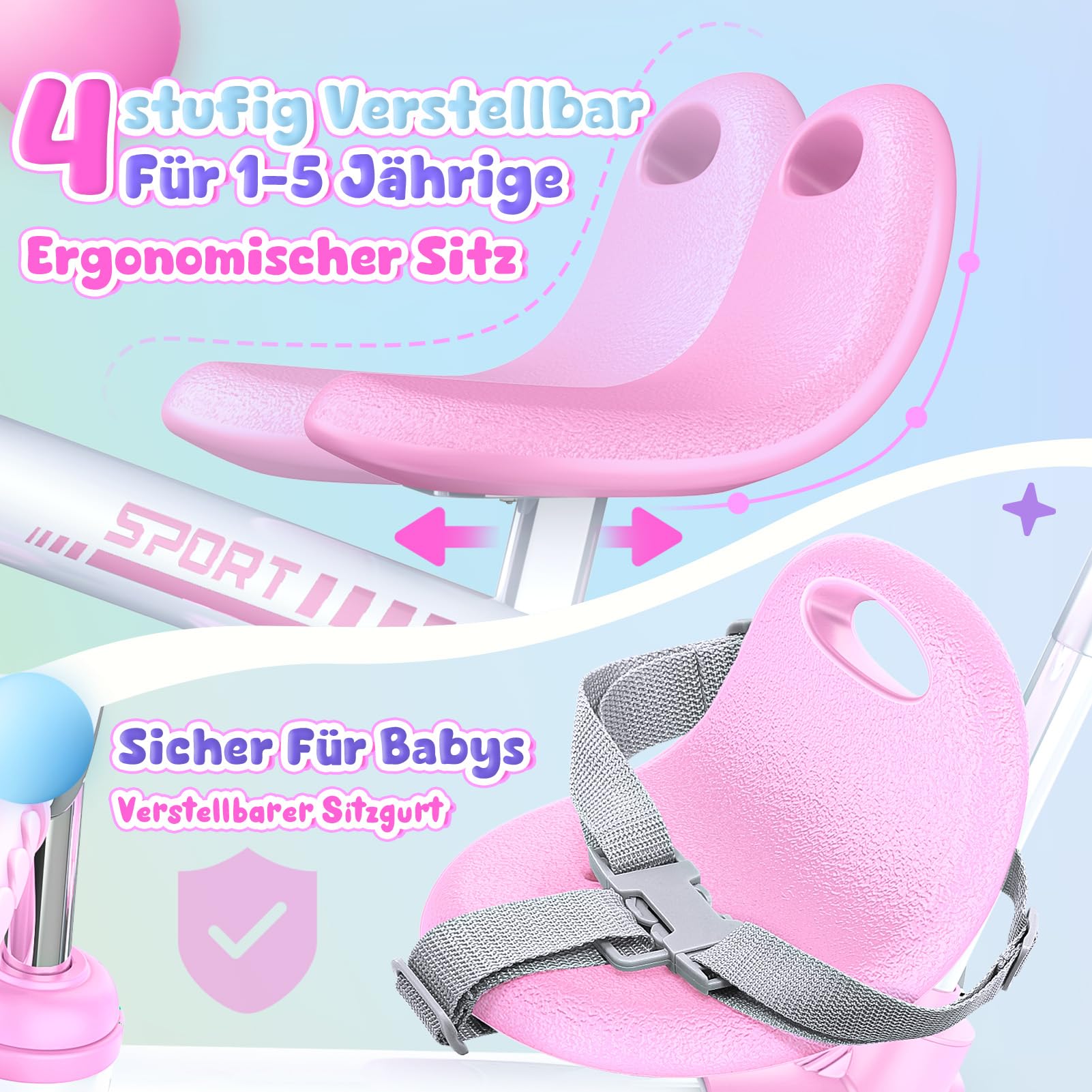 HappyGoLucky 5 in 1 Dreirad Mit Schubstange, Laufrad Ab 1-5 Jahre-Leuchtende Räder/Verstellbare Pedale&sitze, Spielzeug Geschenk Ab 1-5 Jahre Mädchen Ostern Kinderspielzeug Outdoor Spiele Spielzeug