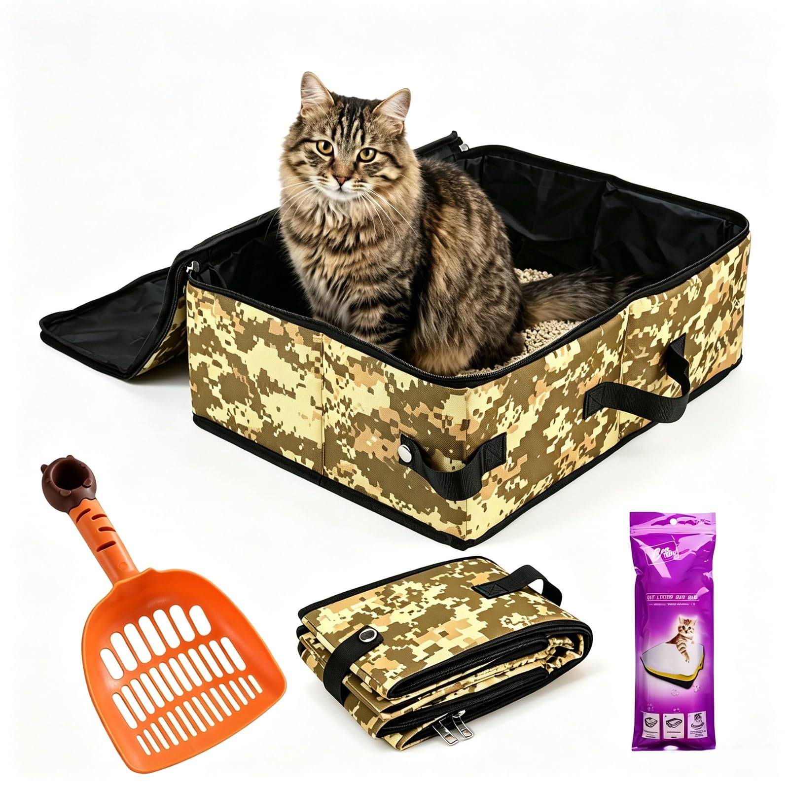 Portable Travel Cat Litter Tray with Lid, Zipped Foldable Leakproof Cat Litter Tray with Cats Litter Bags, Waterproof Oxford Fabric Kitty Toilet for Car Outdoor Camping Travel - 40x30x14 cm Camouflage