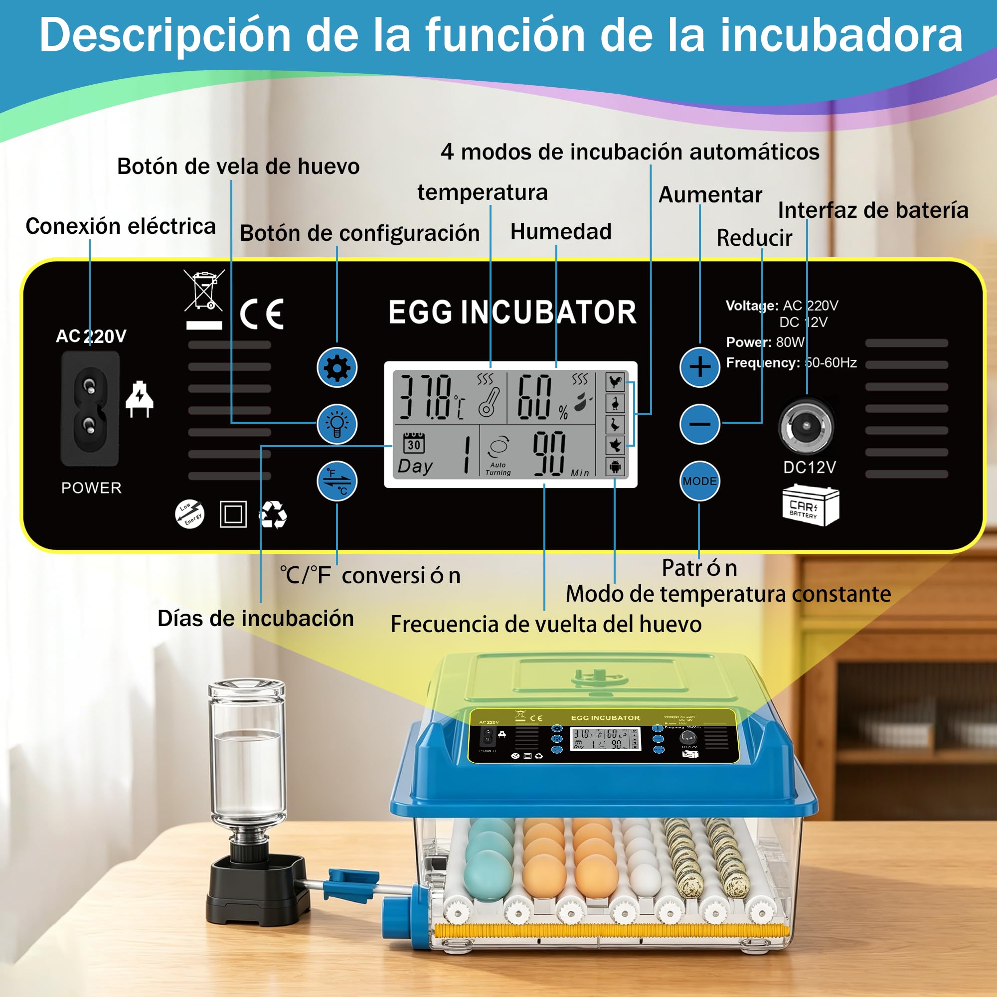 Incubadora de huevos para incubar pollos con control de temperatura y giro automático (azul, 36 huevos)