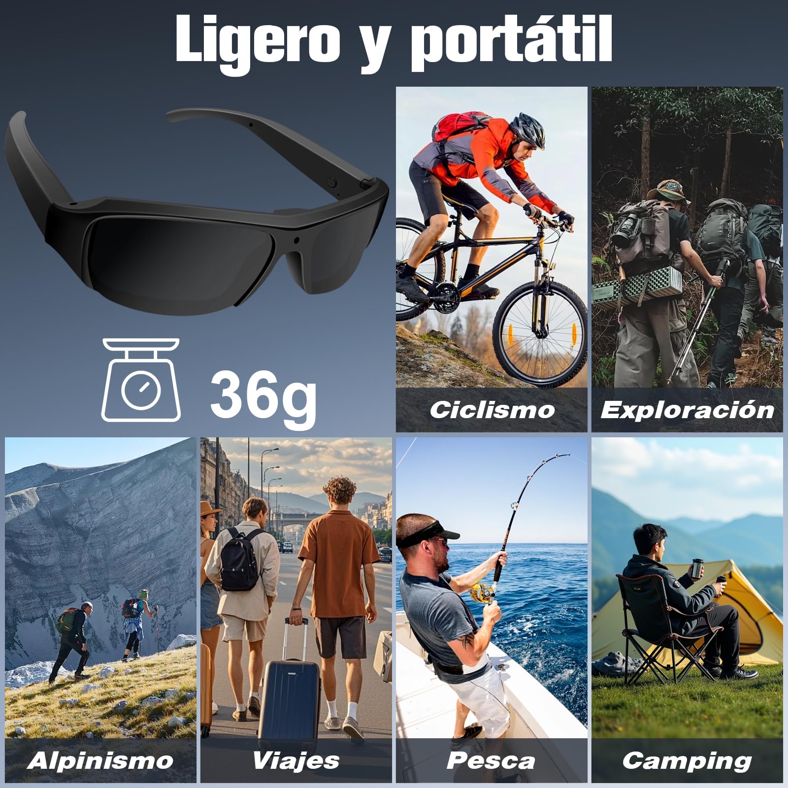 Gafas de Sol con Cámara de Acción HD1080P, Gafas Deportivas Cámara FPV, 100 Minutos de Duración, Tarjeta MicroSD 16GB, Senderismo, Camping, Pesca y Actividades Outdoor