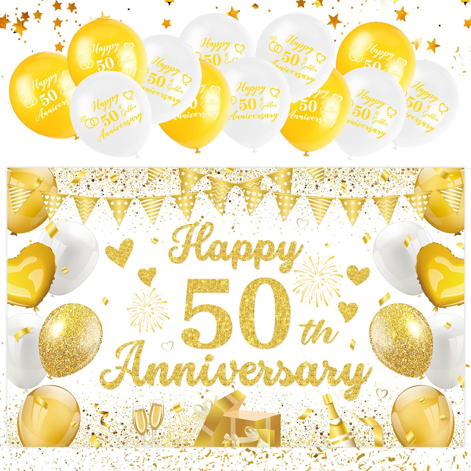 50th Wedding Anniversary Decorations β Golden Wedding Decorations Set with 50th Anniversary Banner (110x180cm) & 20 Balloons β Elegant Golden Party Supplies