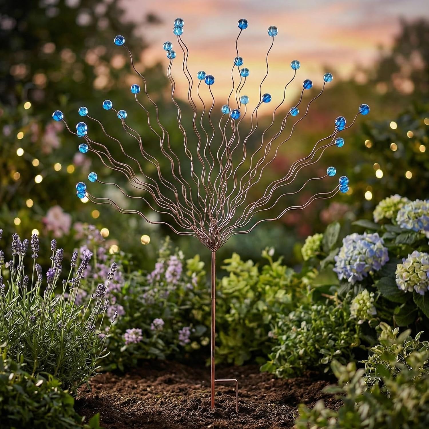 Novabright Whimsical Blue Bead Tree Yard Stake 40 Inch H 30 Arm Bead Art Garden Decoration Handmade Rustic Metal Decorative Yard Stake for Women Gift Party Decor