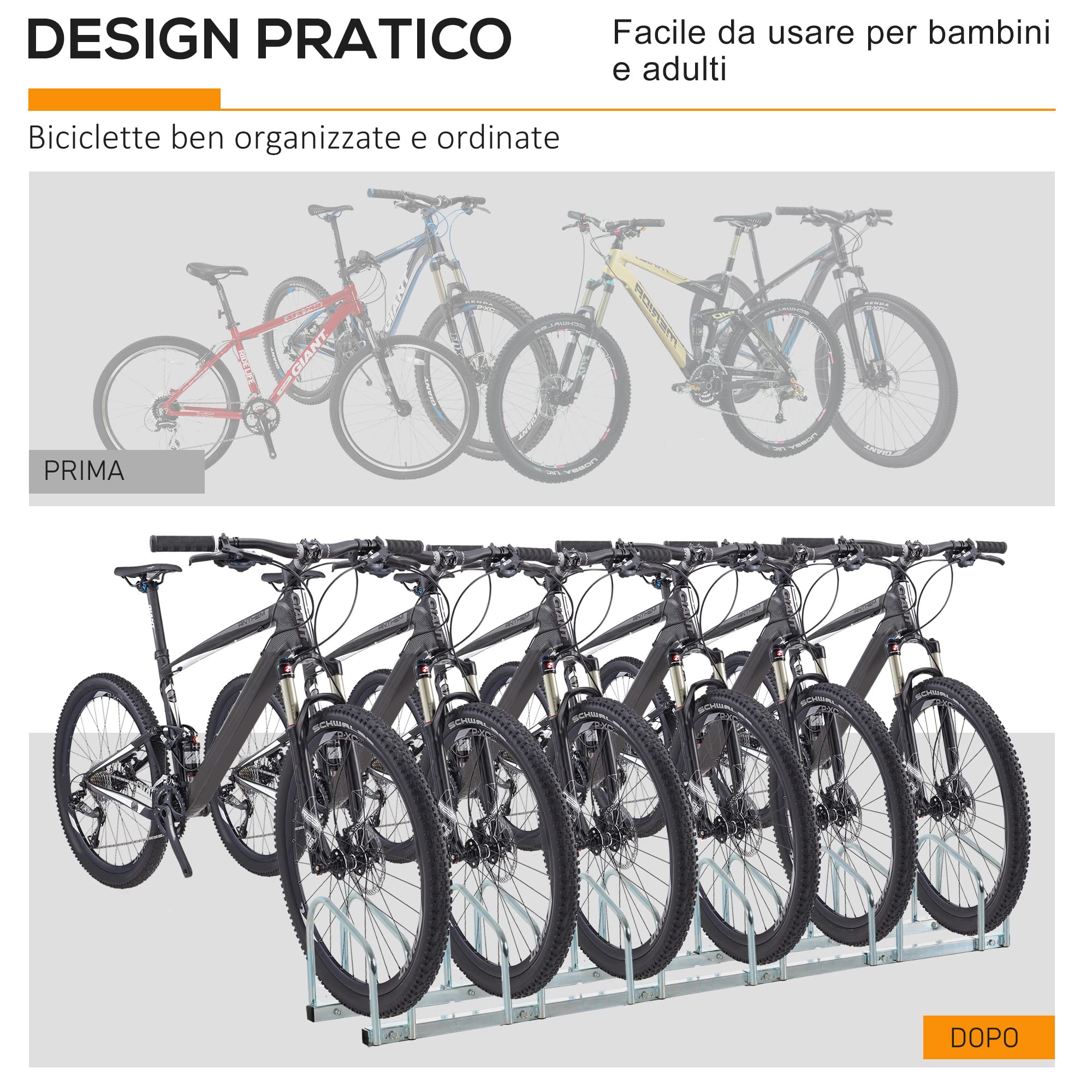 HOMCOM Rastrelliera Biciclette da Pavimento o Parete, Portabici da Terra per 6 Biciclette in Acciaio, Ruote Fino 65 mm, 179x33x27 cm, Argento