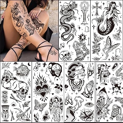 Tazimi 12 Sheets Large Black Old School Temporary Tattoos for Women Men& Adult, Traditional American Retro Styles Half Arm/DIY Free Combination Waterproof Classic Fake Tattoos Tattoo