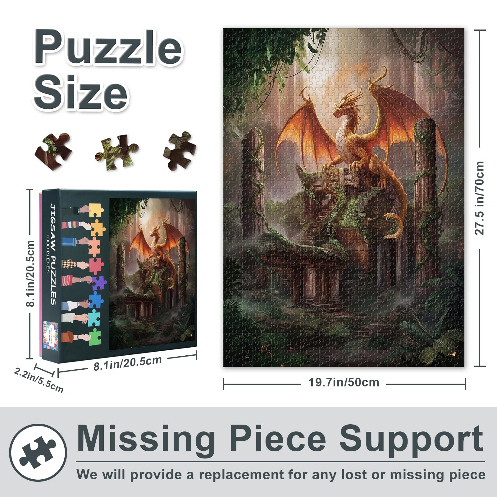1000 Piece Puzzle for Adults Magnificent Ancient Dragon Perched on Mystical Asian Temple Ruins, Fantasy Art - Image 2