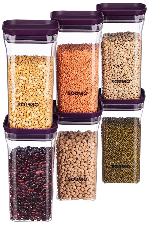 Amazon Brand - Solimo Plastic Storage Jar And Container Set I Air Tight&Bpa Free Containers For Kitchen Storage Set I Grocery Kitchen Container Set I Multipurpose Jar, 1100 Ml Each, Set 6, Purple