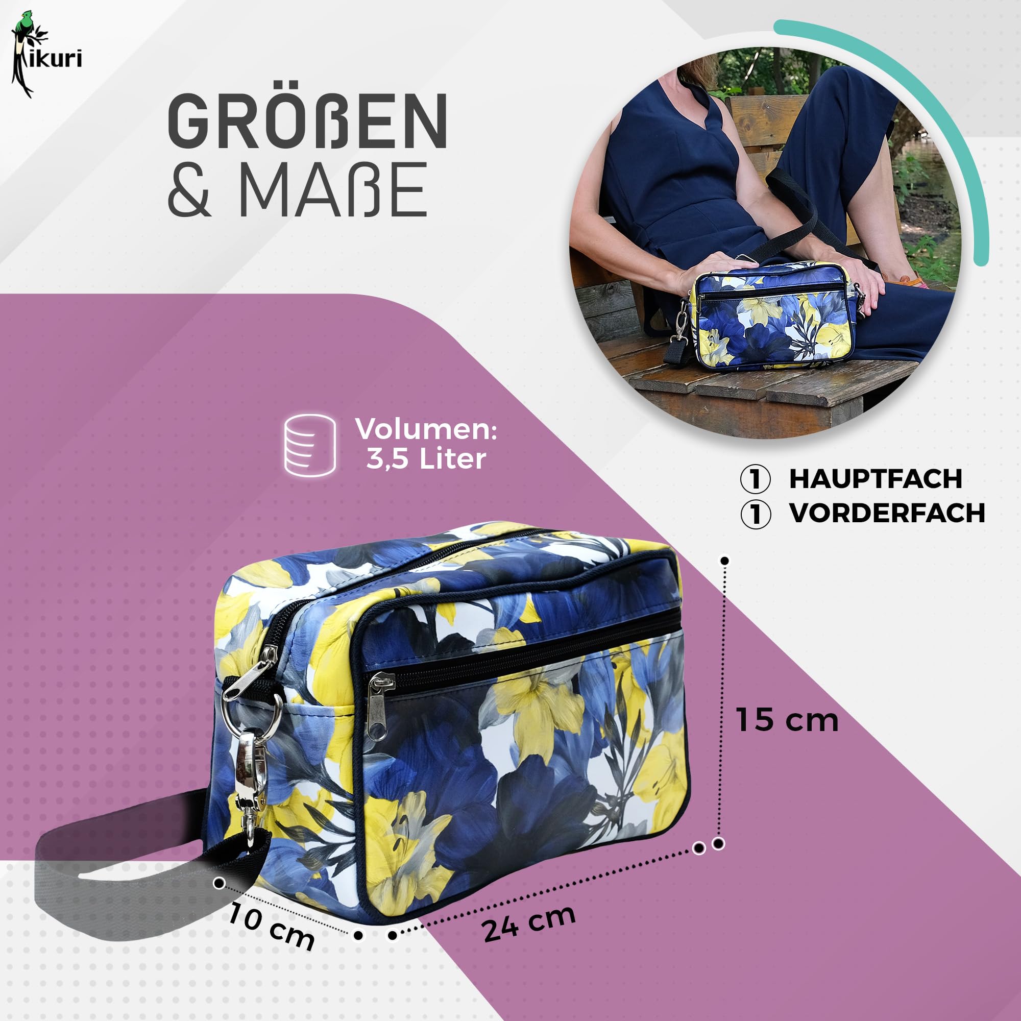 Ikuri Lenkertasche Fahrradtasche aus bedruckter Plane, mit abnehmbarem Schultergurt, für Frauen Wasserdicht Bike Bag - Design Azucena
