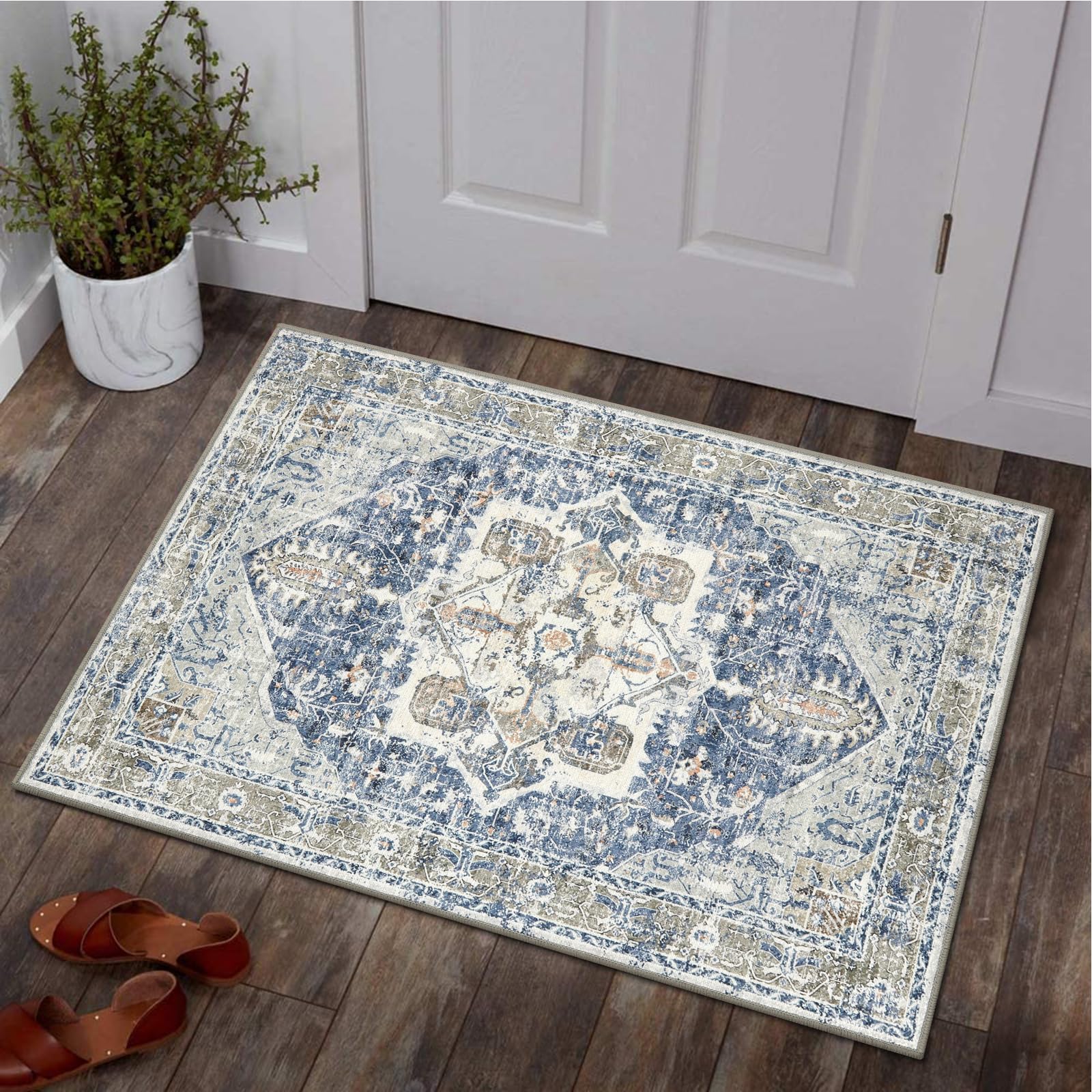 Lahome Boho Door Mat Indoor Entrance, 2x3 Rugs for Entryway Washable Non Slip Small Rugs for Bedroom Throw Thin Kitchen Rugs Bathroom Mats, Blue Medal