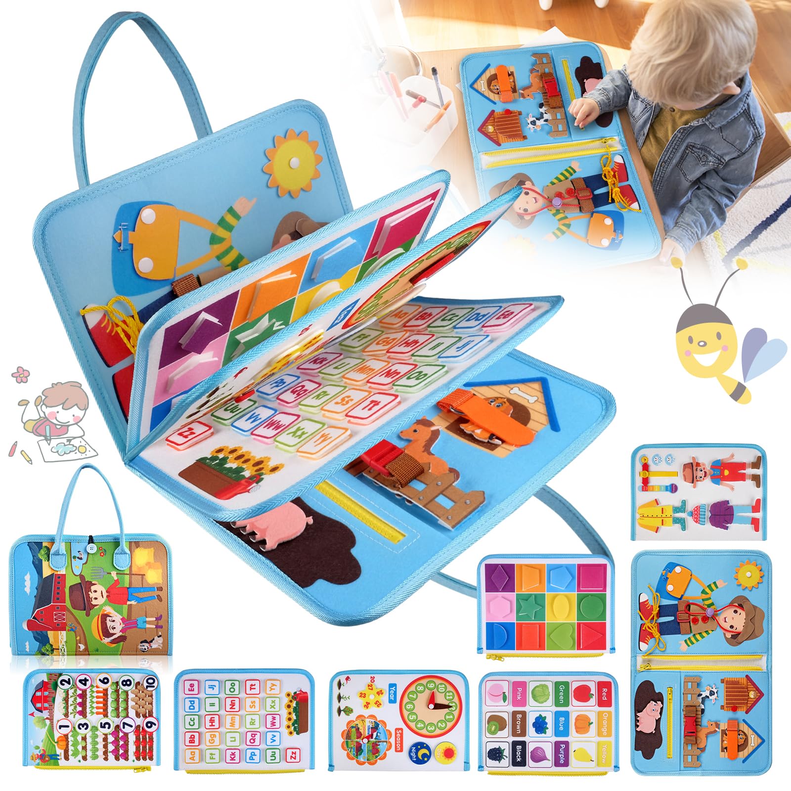 OSMARI Busy Board for,Montessori Sensory Toys Preschool Educational Learning Board Travel Quiet Book for Car Plane Basic Dress Skills Fine Motor Activity Boards Gifts