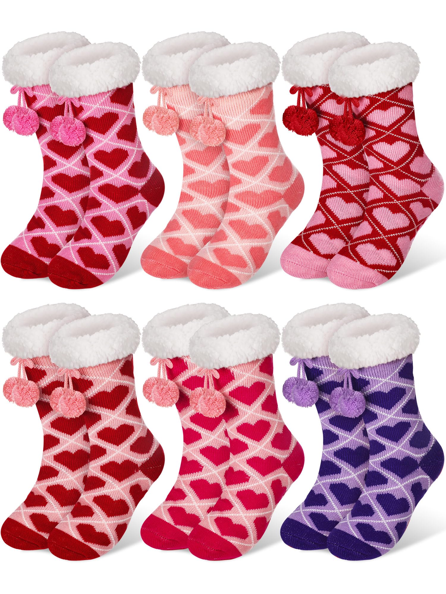 Berlune Galentines Day flauschige Hausschuhsocken für Damen, rutschfest, flauschig, Winter, warm, Lamm-Fleece, Herzsocken, für Freundin, die besten Freunde, Valentinstagsgeschenke, 6 Paar