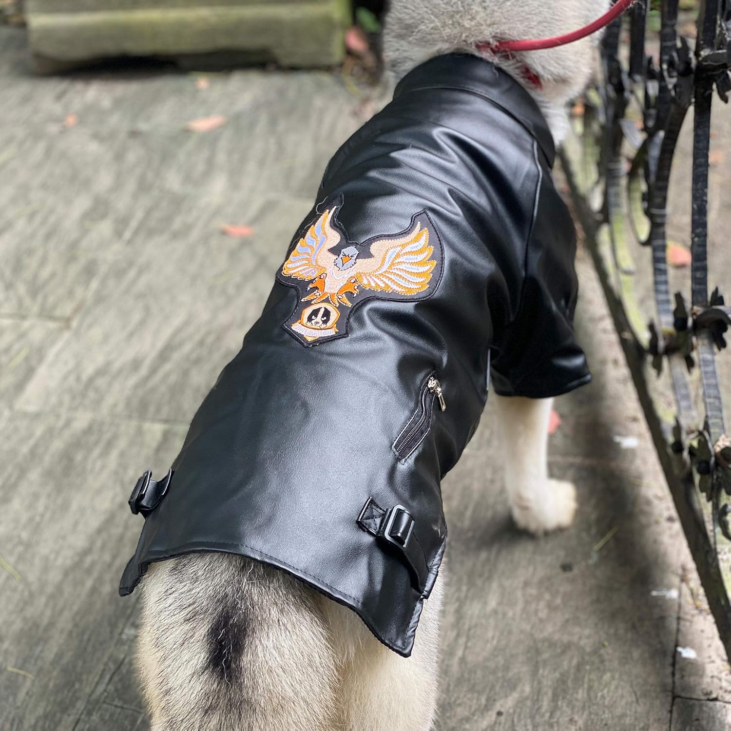 Lovelonglong Cool Dog Leather Jacket, Warm Coats Dogs Windproof Cold Weather Coats for Large Medium Small Dogs with Eagle Embroidery Black L-S