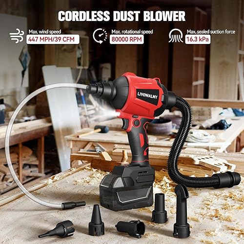 Miniatura 4 de LIVOWALNY Cordless Air Pump Dust Blower Compatible with Milwaukee 18V Battery, Brushless Air Duster Compressed Air Mattress Pump w/ 3 Speeds & 7