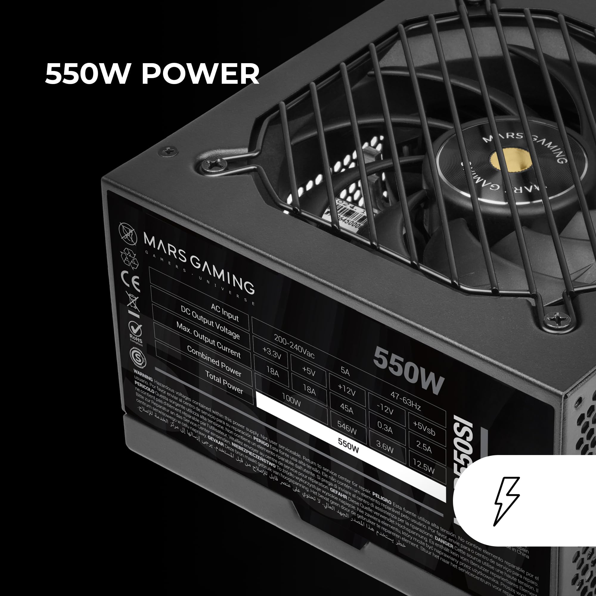 Mars Gaming MPB550SI, Alimentatore ATX 550W, 7 Anni di Garanzia, 80Plus Bronze 230V, 90% di Efficienza, Ventola SI Extreme Silence, Tecnologie AI2-RPM, Condensatori Giapponesi, Nero