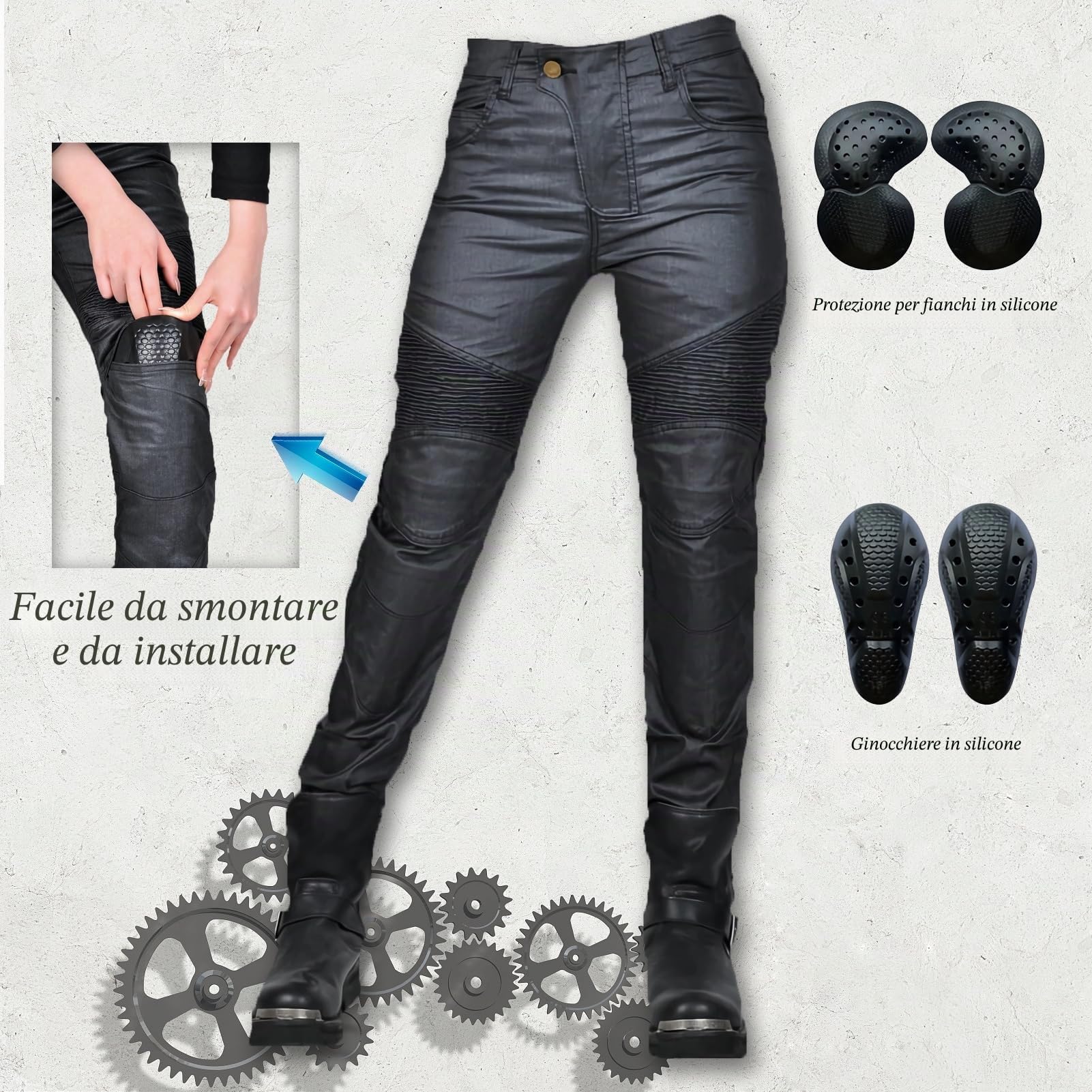 Jeans da donna, slim fit, da moto, con protezioni per ginocchia e fianchi, elasticizzati, slim fit, in denim, da motociclista