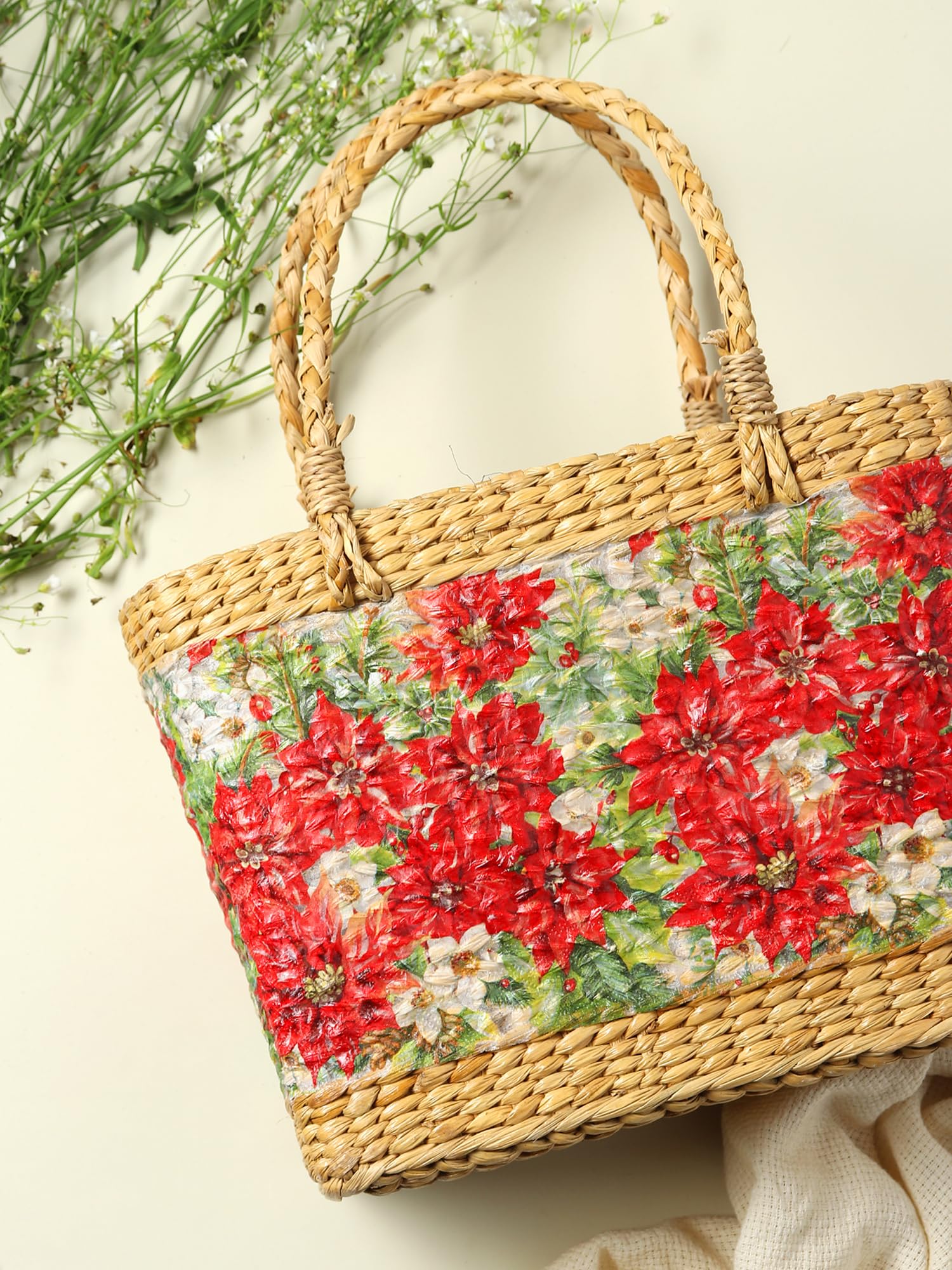 Habere India-All the Cultures Fabricating India Picnic Rectangular Baskets | Lunch Carrier Bag | Cane Or Jute Basket | Basket for Gifting | Wicker Tote Bag (Red Floral - L33 x W10 x H24 cm)