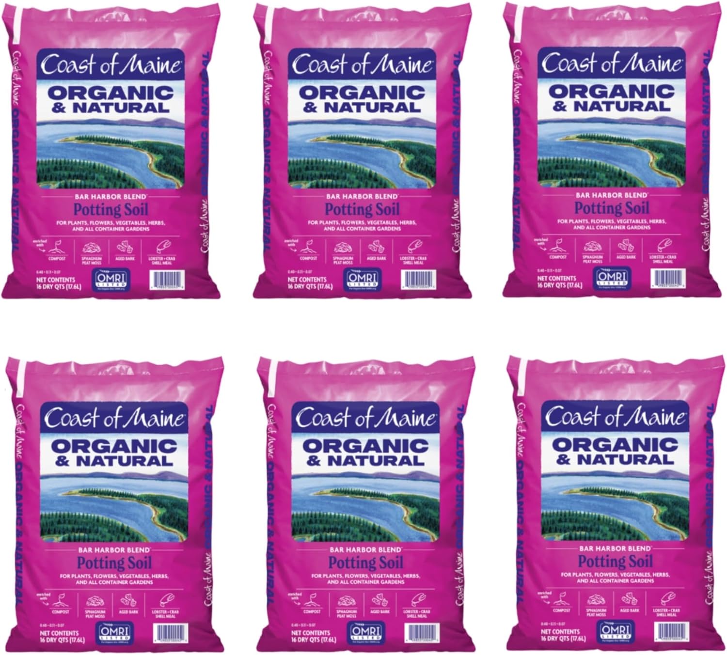 Coast of Maine Bar Harbor Blend, 16qt (Pack of 6) Organic and Natural Potting Soil for Houseplants, Flowers, Vegetables, Herbs and Containers