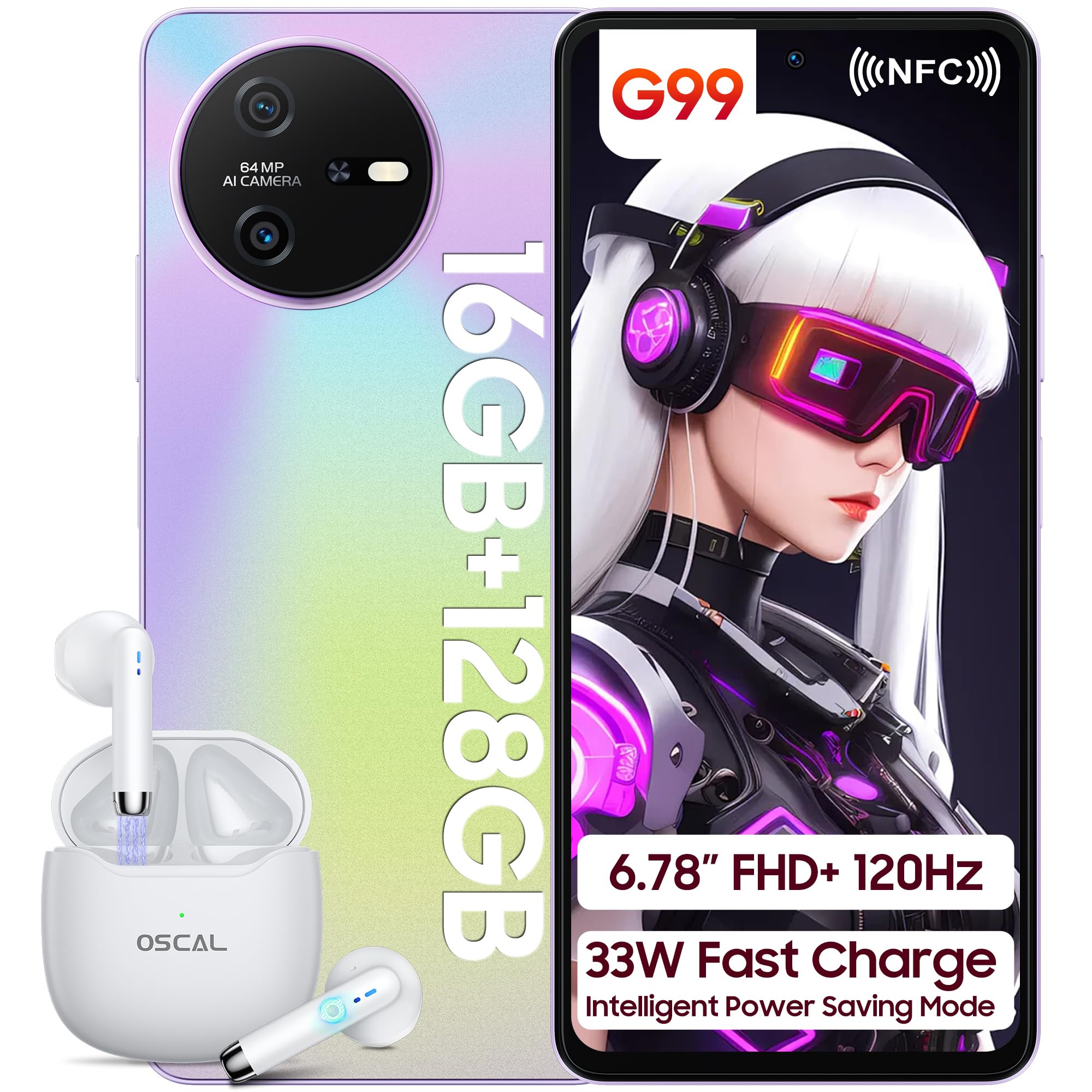 OSCAL Tiger 12 Smartphone, MediaTek Helio G99, 16GB+128GB/1TB-TF, 6.78" FHD+ 120Hz, 33W Ricarica Rapida, 64MP Telefono, Android 13, 4G Dual SIM Telefono Cellulare 3 Slot/NFC/OTG/GPS/3.5mm Jack Viola