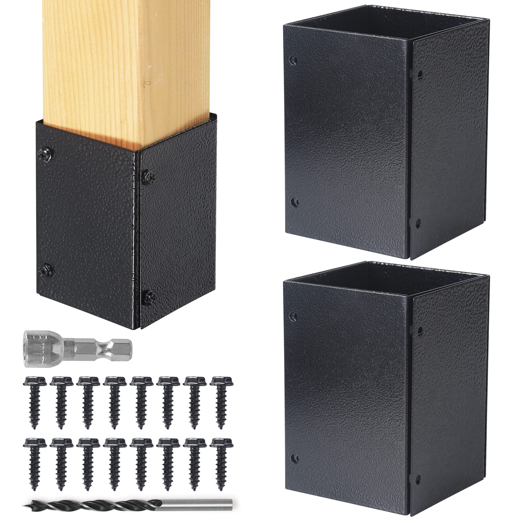 Stainless Steel Adjustable (Range 3.3"-6") Post Protector, Protects Wooden Mailboxes and Fences from Lawnmower and rain Damage (Black, 2 Set)