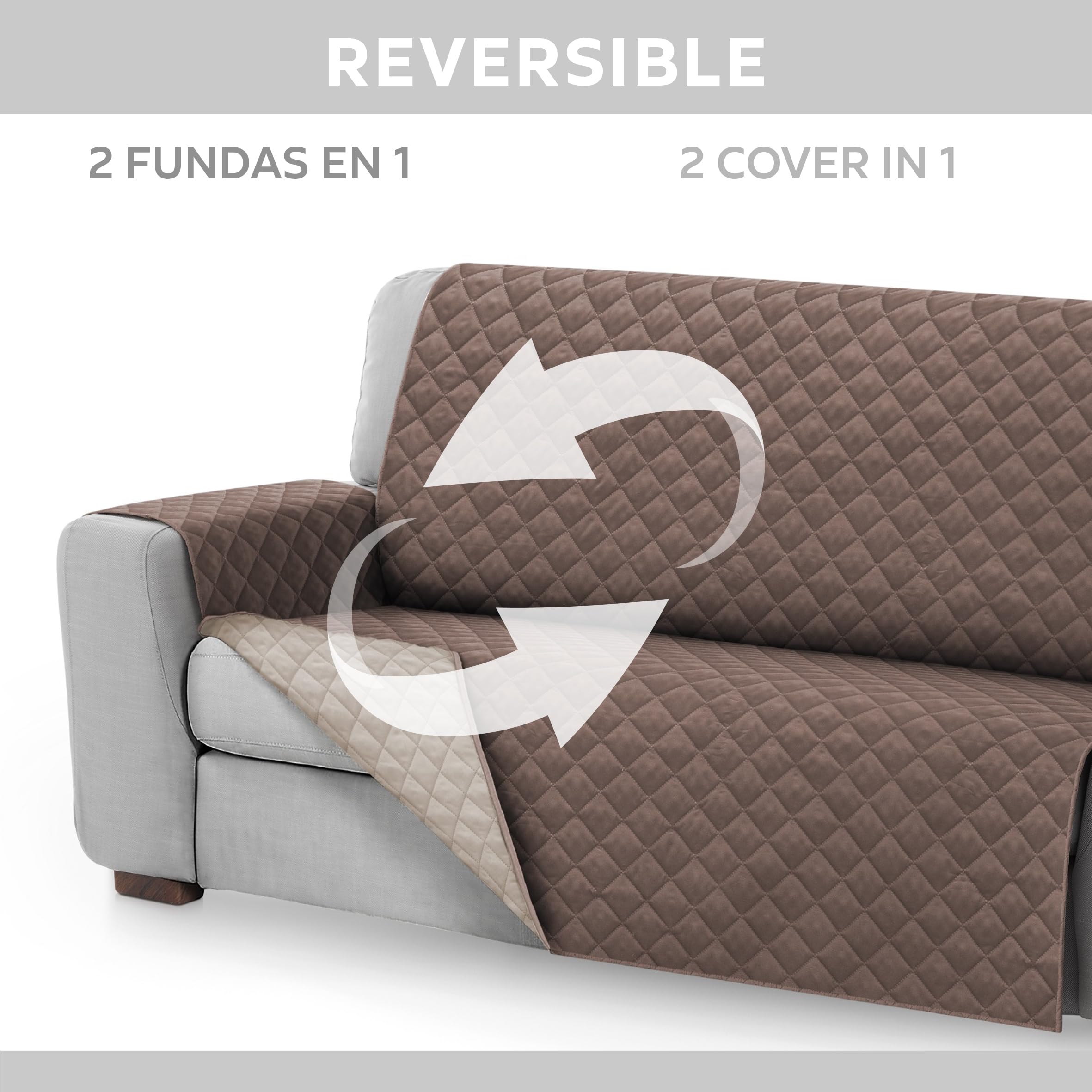 Textilhome Copridivano Malu 3 Posti (160cm) – Salvadivano Trapuntato Reversibile Universale, Protezione Antigraffio, Fodera Imbottita per Divano, Colore Marrone
