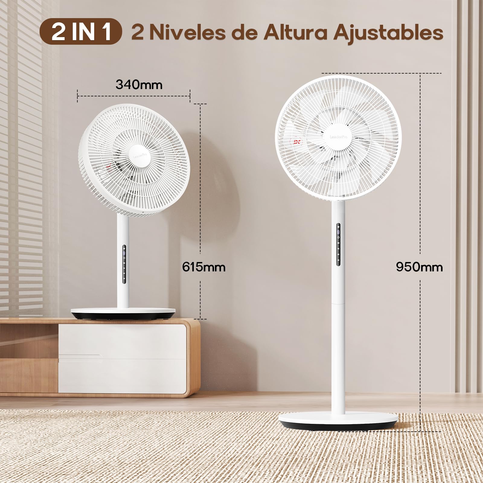 LeaderPro Ventilador de Pie Silencioso 12,8 dB, 2 en 1 de Pie y Sobremesa con Control Remoto y Temporizador, Oscilación 120°, Ajuste Vertical 90°, 8 Velocidades, Motor DC, Dormitorio y Oficina, Blanco