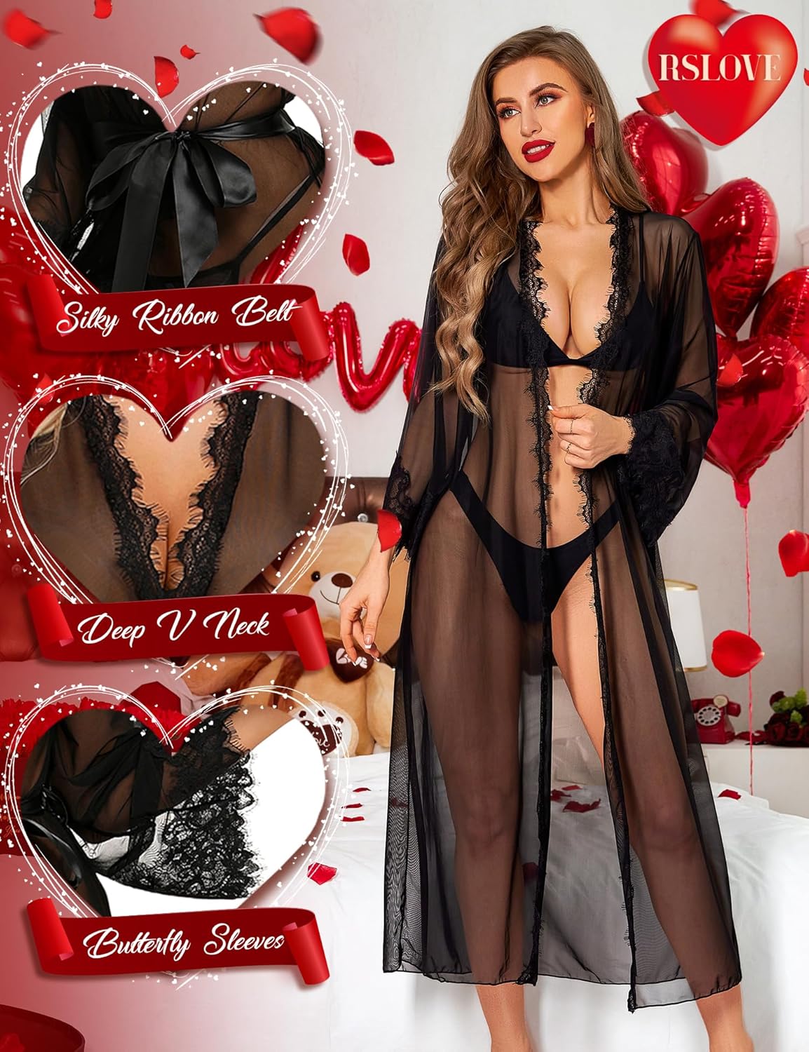 RSLOVE Lingerie for Women Sexy Long Lace Kimono Robe Mesh Chemise Lace Gown Swimsuit Cover Up - Image 3