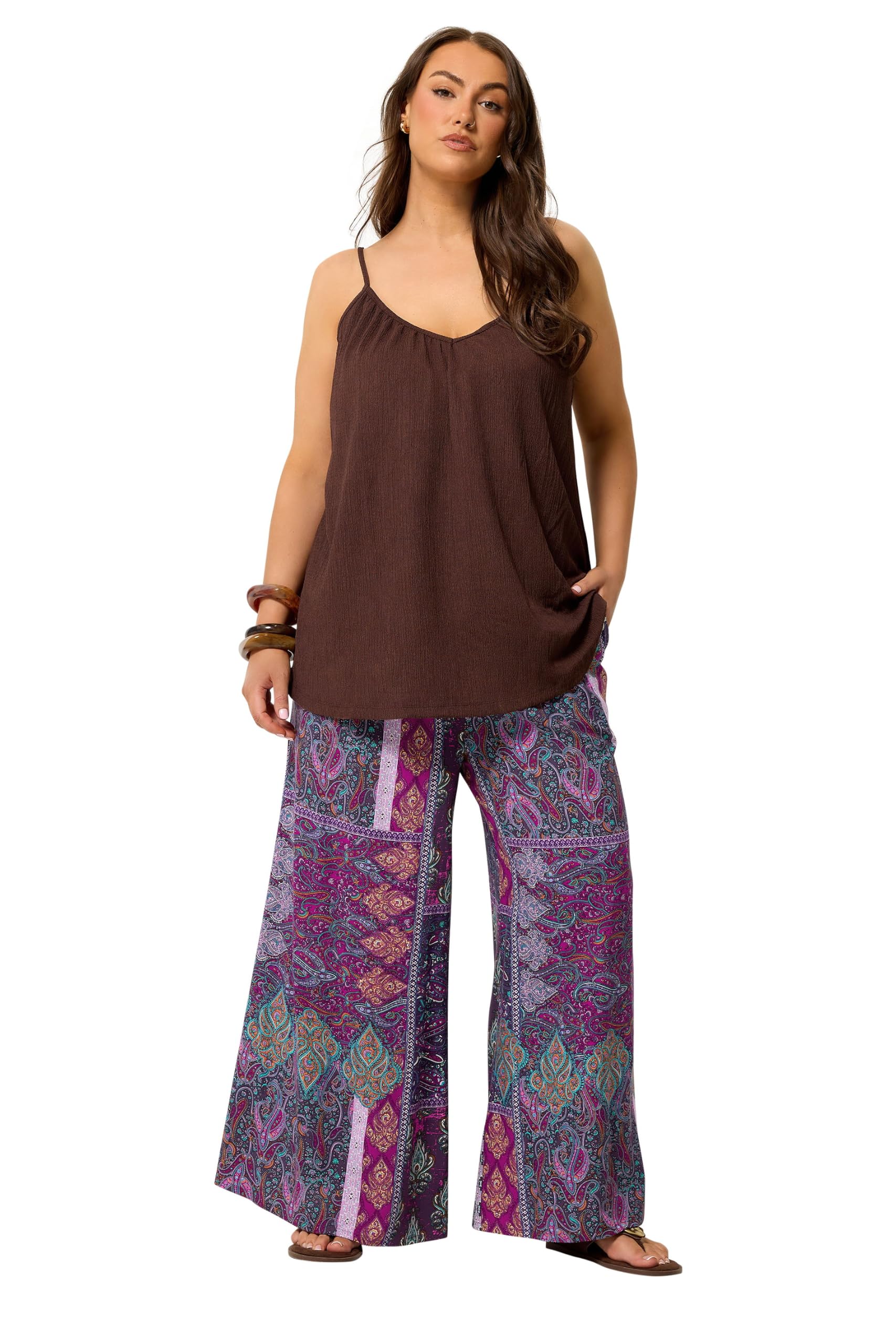 Yours Curve Paisley Shirred Waist Trousers - Women's - Plus Size Curve Purple