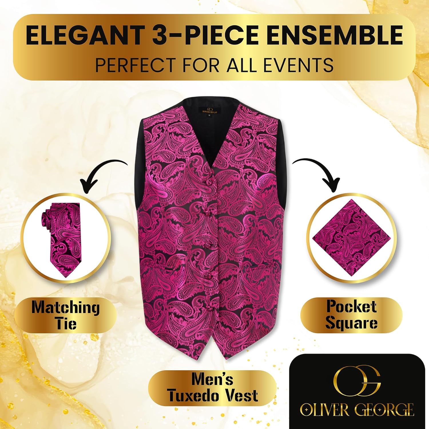Oliver George Men's 3pc Paisley Formal Suit Waistcoat Tuxedo Dress Vest Necktie Handkerchief Set for Suit or Tuxedo