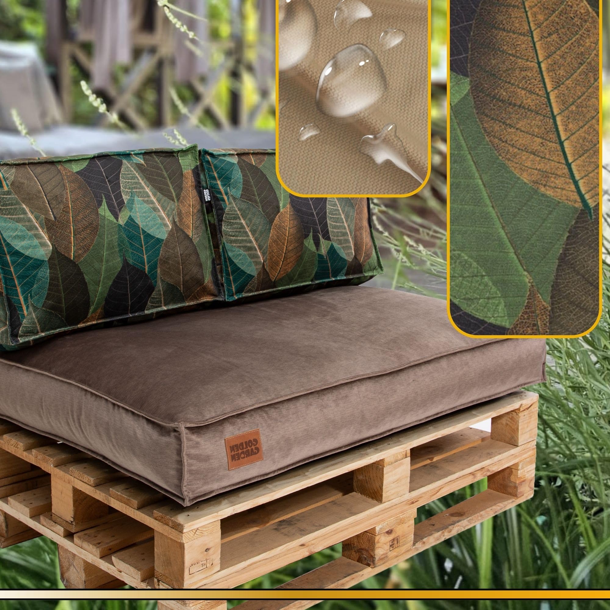 GoldenGroup Gartenset Kissen für Palettenmöbel Cappuccino & Blätter - Polsterstoff - Langlebiges und Wasserdichtes Material - Sitzkissen 120cm x 65cm x 15cm, Rückenkissen 120cm x 40cm x 10cm