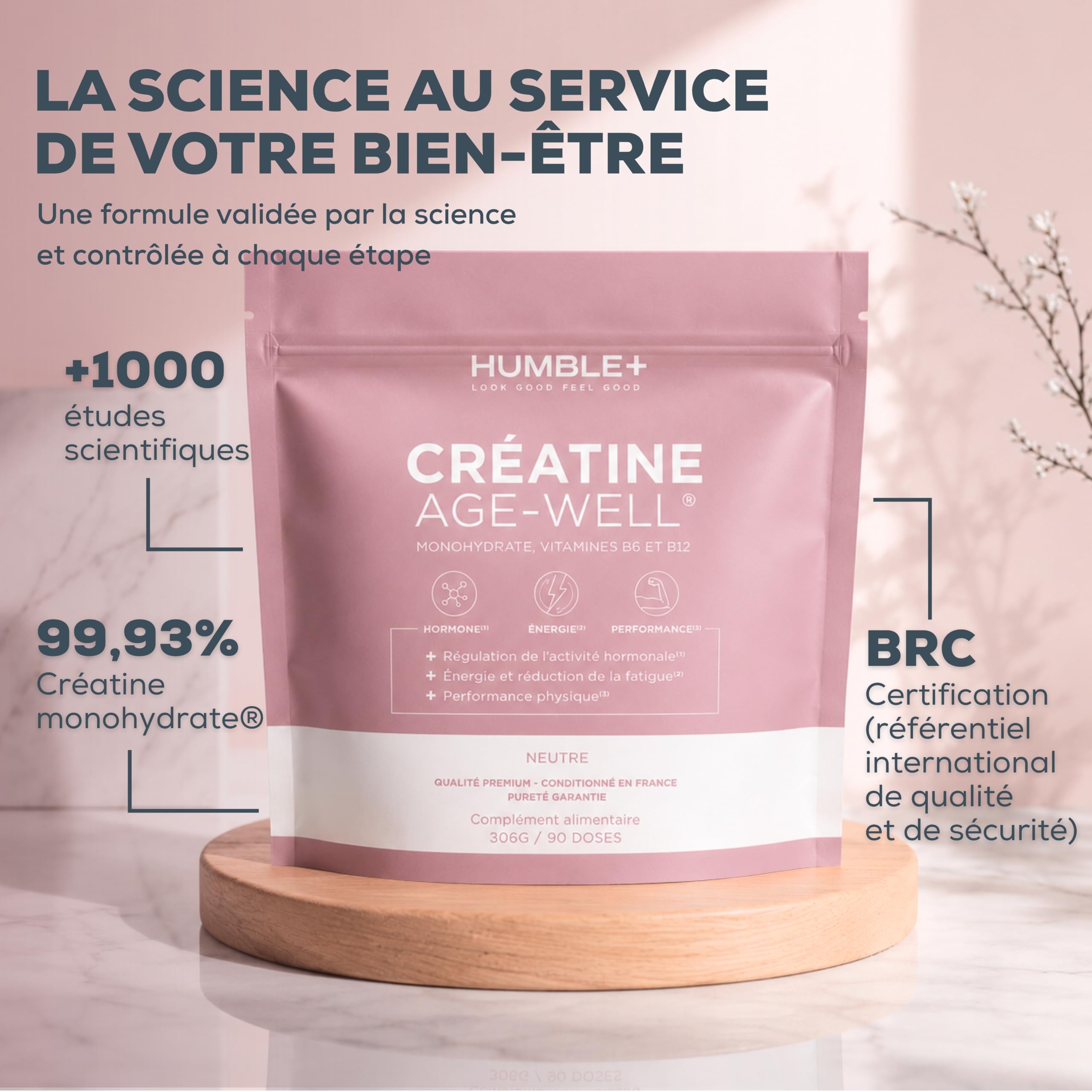 HUMBLE+ Créatine Glow Age-Well® - Créatine Monohydrate + Vitamines B6 et B12-310 g - 90 Portions - Marque Française