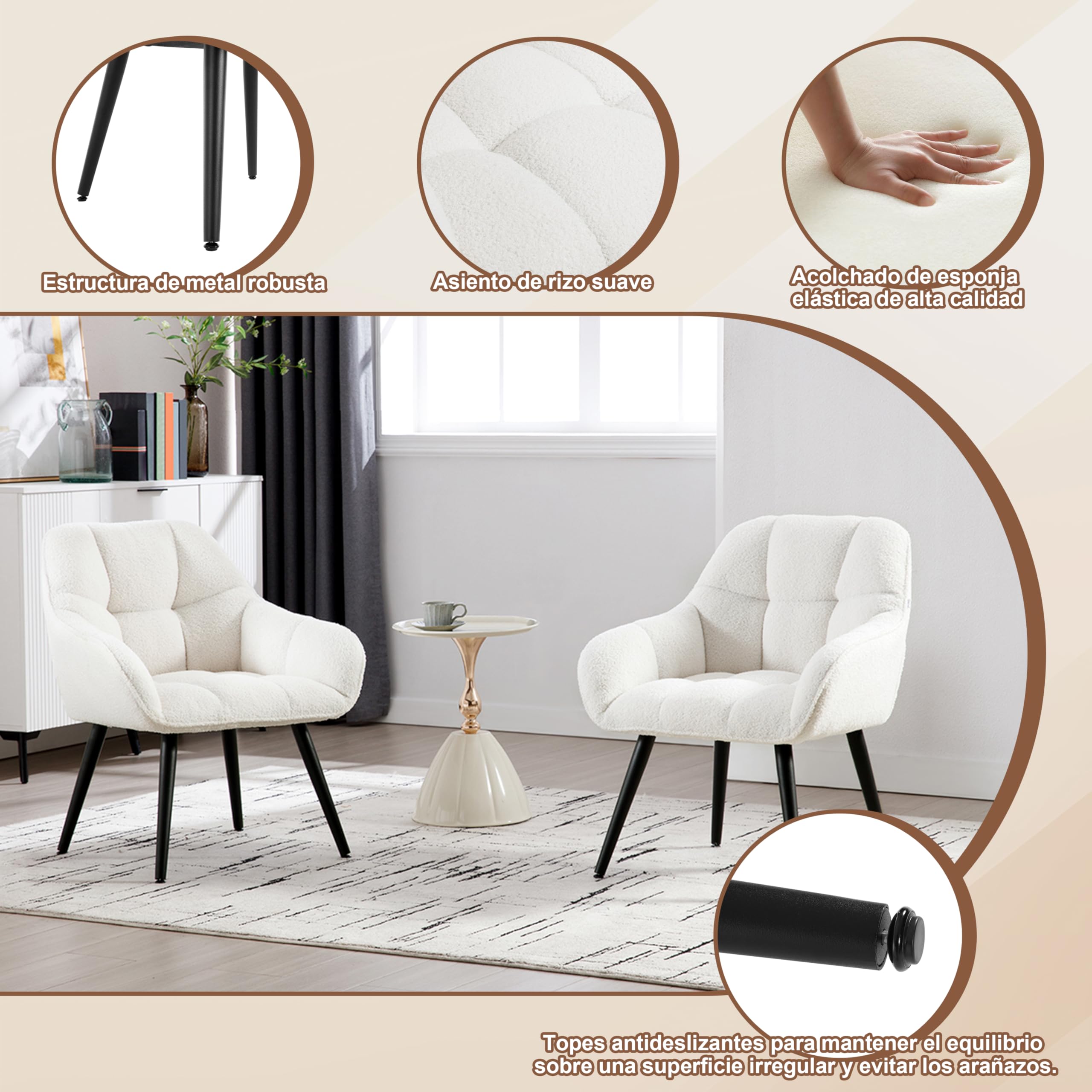WOLTU Sillón Relax, Butaca Nórdica, Asiento Acolchado Patas de Metal, Crema | Silla Lectura Tapizada de Rizo, Silla Dormitorio con Reposabrazos, Esponja suave, Sillón Moderno para Salón y Dormitorio