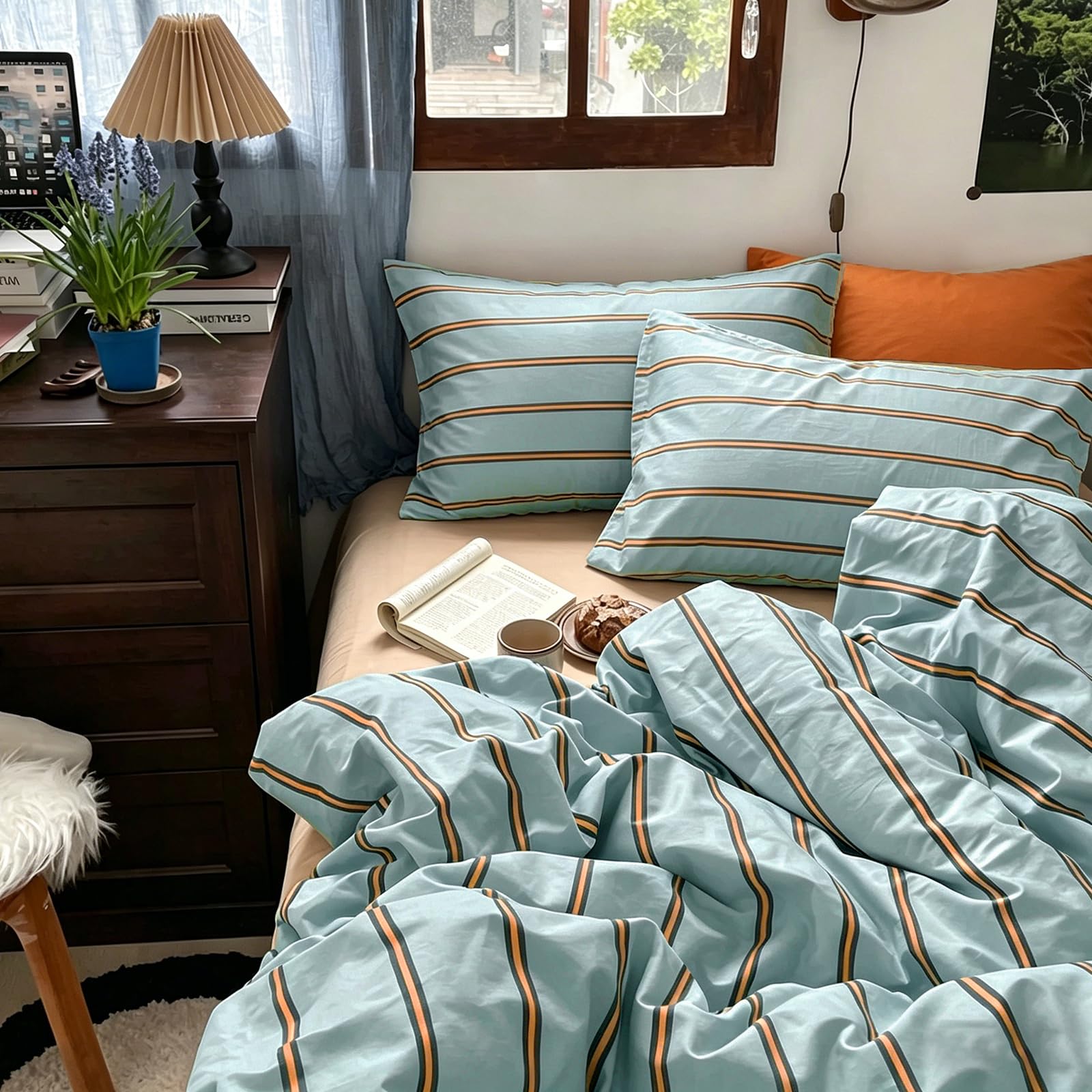mixinni Retro Mint Blue Striped Duvet Cover Set - 100% Natural Cotton 3-Piece Vintage Stripes Pattern Printed Bedding Set, Soft Breathable Comforter Cover with Zipper Closure &amp; Corner Ties, King Size