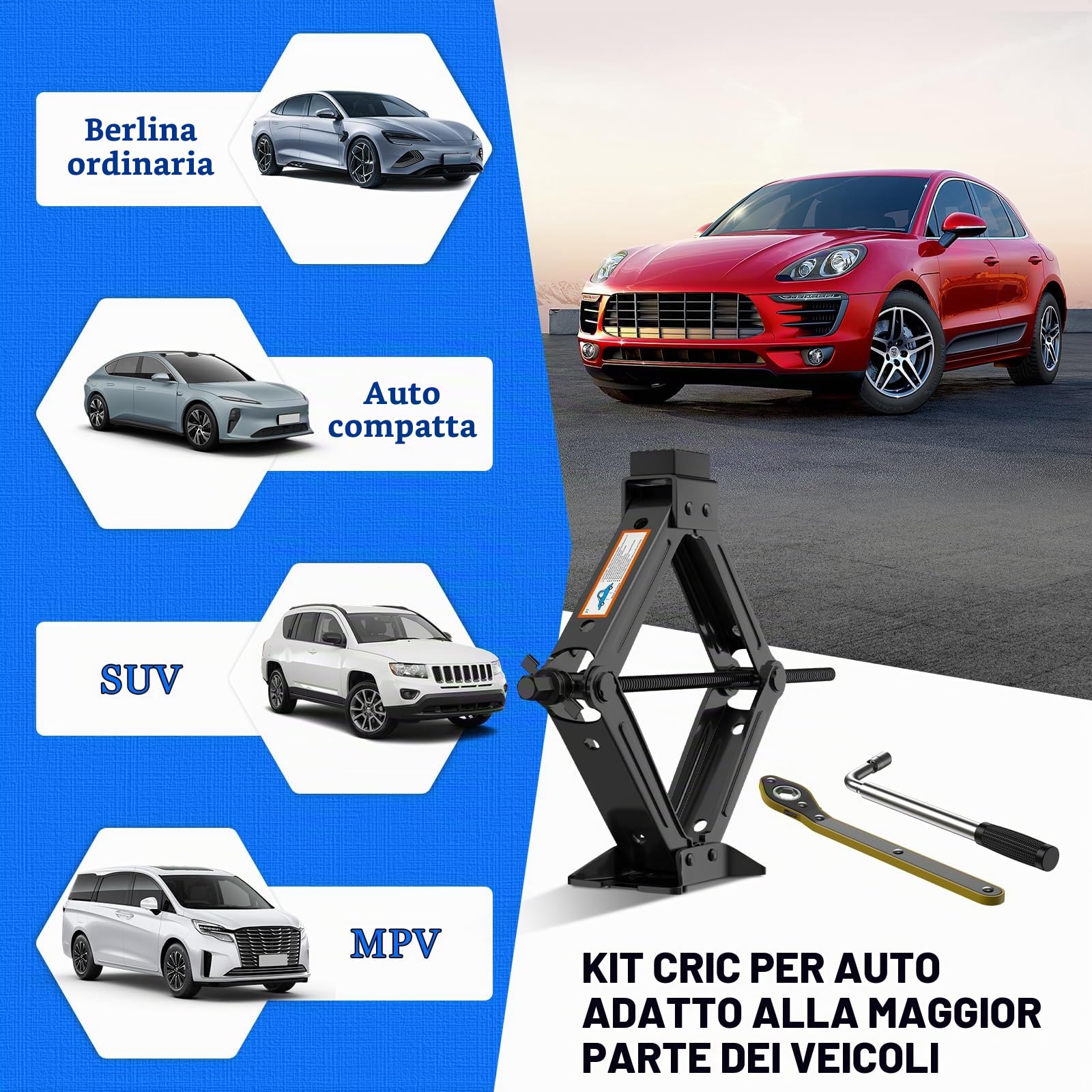 IMAYCC Cric Per Auto 2T/2000kg, Cric Auto Con Universale, Cric Portatile Per Auto Con Chiave Per Dadi Ruota, Kit Emergenza Auto Per Auto,Ideale Per La Manutenzione e La Riparazione