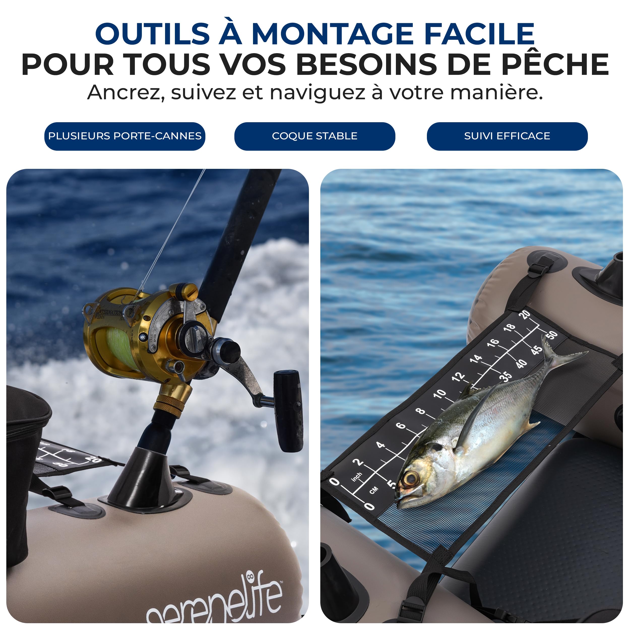 SereneLife Float Tube de Pêche, Belly Boat PVC Laminé, Bateau de Pêche Gonflable Charge 100 kg, Siège avec Dossier, Porte-Cannes, 2 Poches Étanches, Pompe et Sac