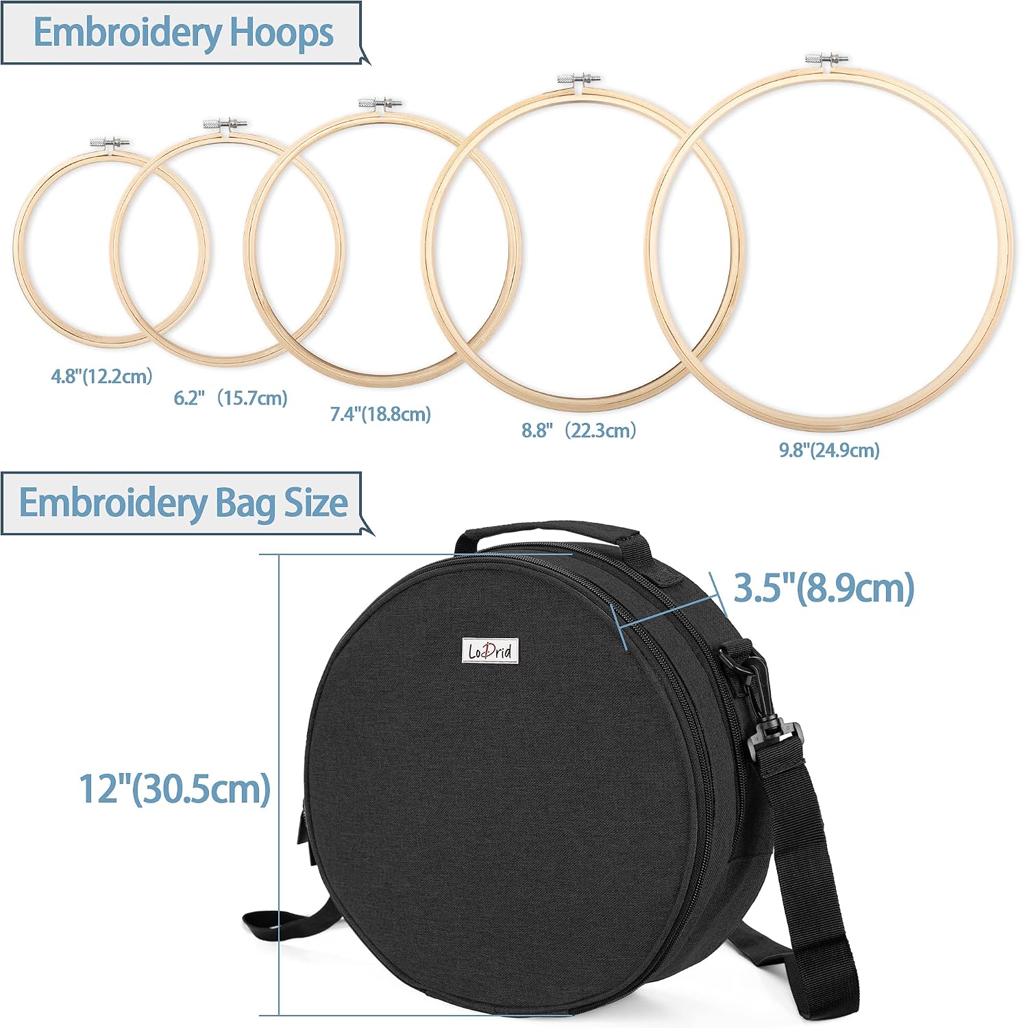 LoDrid Embroidery Kit, Double-Layer Round Storage Bag with Complete Cross Stitch Tools Kit, Embroidery Starter Kits for Beginners, Adults, with Handles and Shoulder Strap, Black