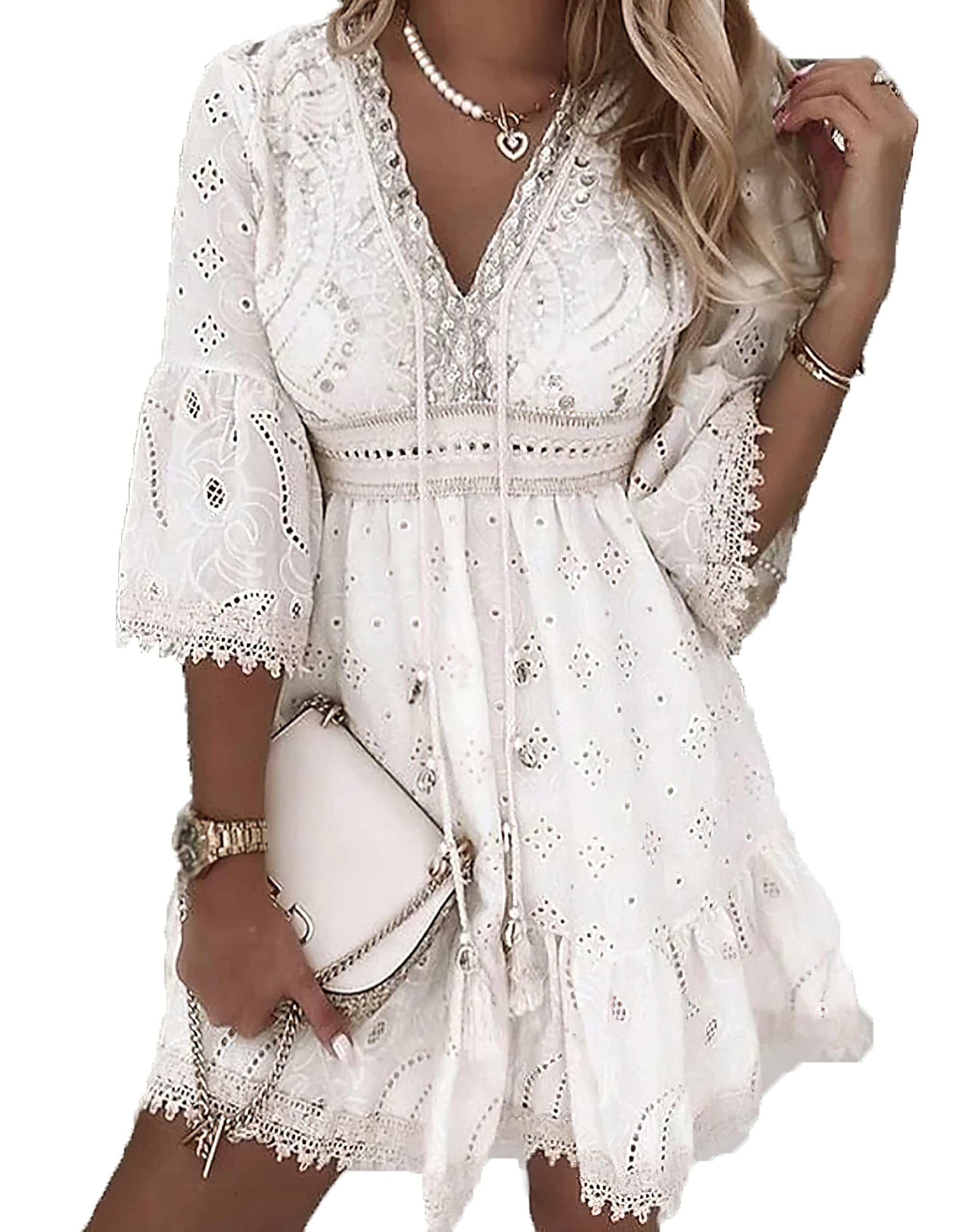 Akivide Women's Fringe Boho Floral Lace V Neck Flowy A Line Dresses Summer Casual Loose 3/4 Sleeve Eyelet Beach Dresses