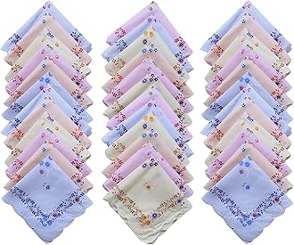 100% Cotton Women's Cut Work Border Light Colored Floral Handkerchiefs/Soft Cotton Hankies for Girls (30CM X 30CM)