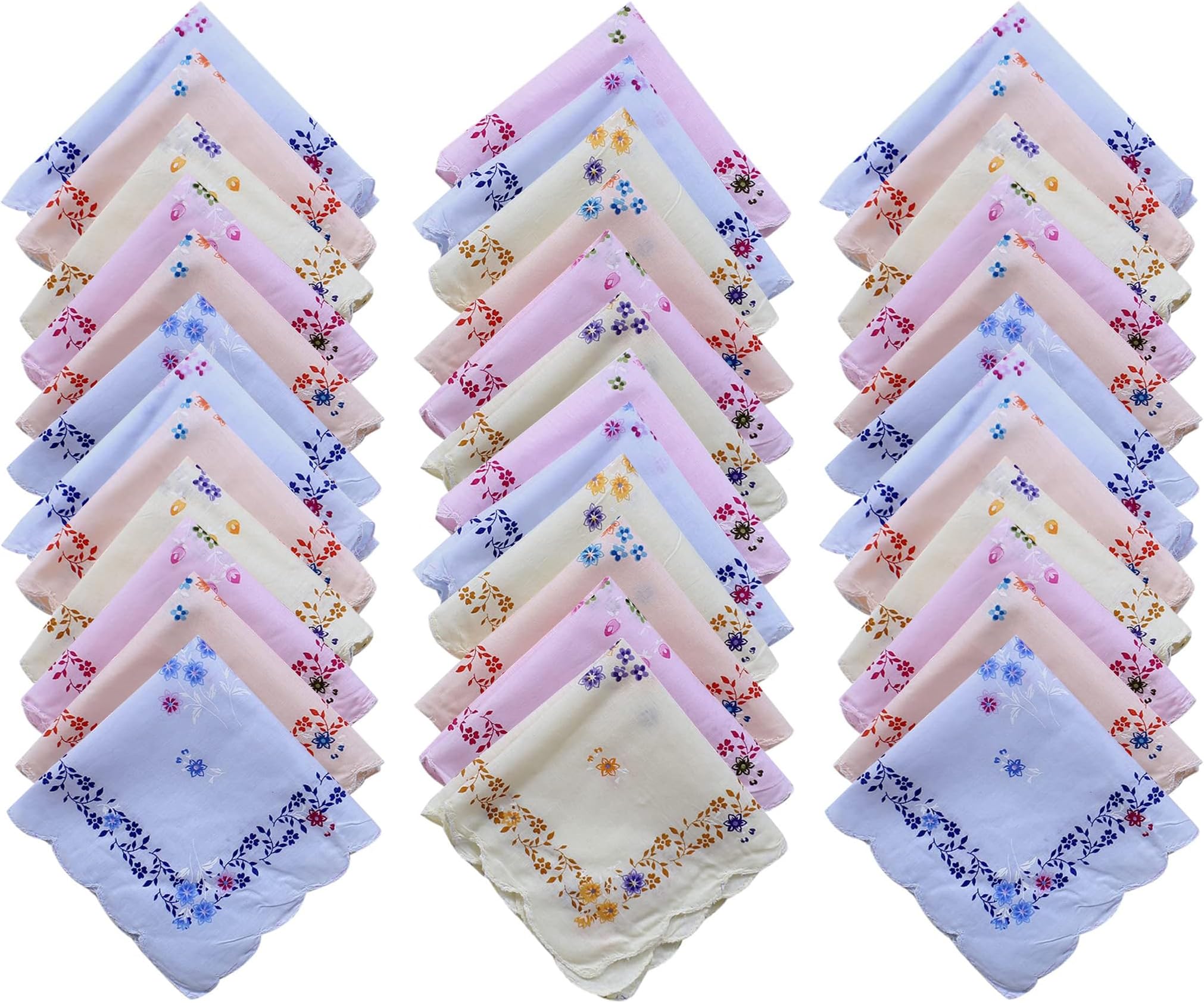 100% Cotton Women's Cut Work Border Light Colored Floral Handkerchiefs/Soft Cotton Hankies for Girls (30CM X 30CM)