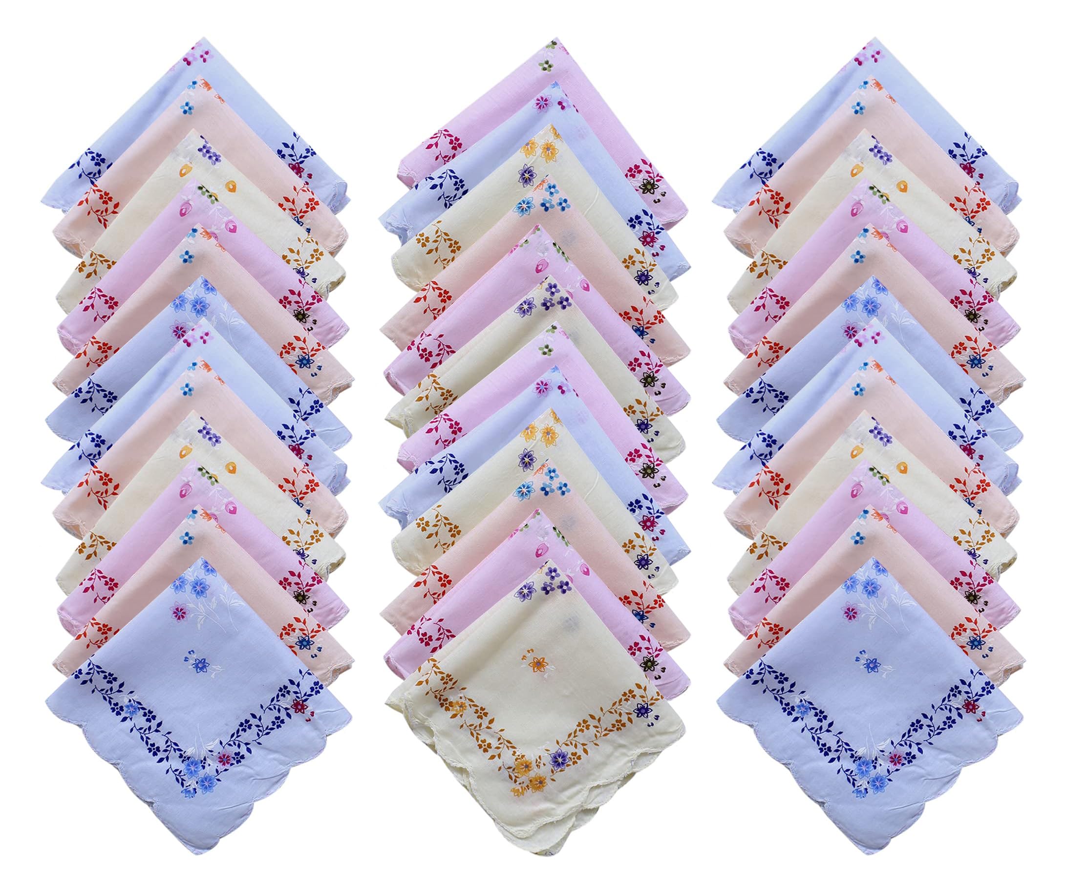 DIKHAWA100% Cotton Women's Cut Work Border Light Colored Floral Handkerchiefs/Soft Cotton Hankies for Girls (30CM X 30CM)