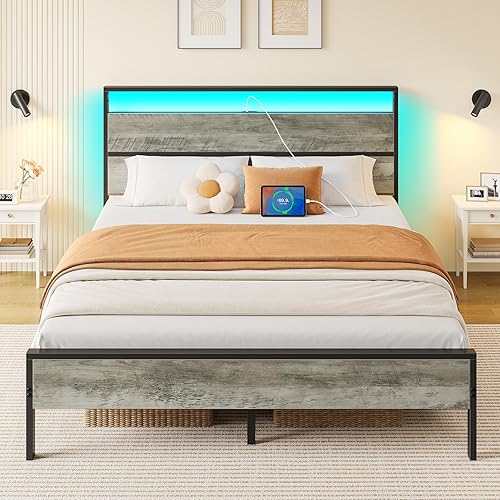 Rolanstar Full Bed Frame with Headboard, Bed Frame Full with LED Lights, Camas Full Size Bed with Charging Station, Solid Metal Slats, Noise Free, No Box Spring Needed, Grey