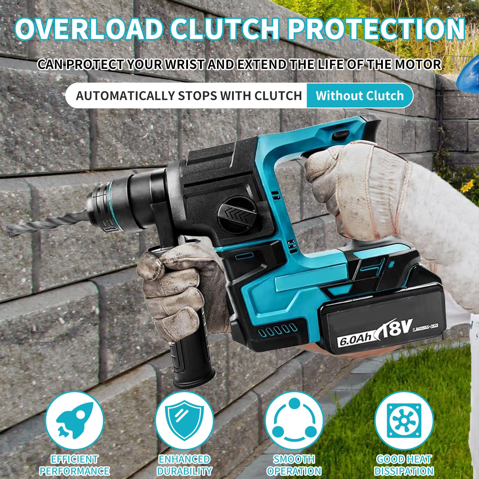 Taladro de percusión compatible con Makita 18 V | Taladro de impacto sin escobillas, 2,2 J, 1400 rpm, 8 guantes, cinceles de perforación de martillo (sin batería)