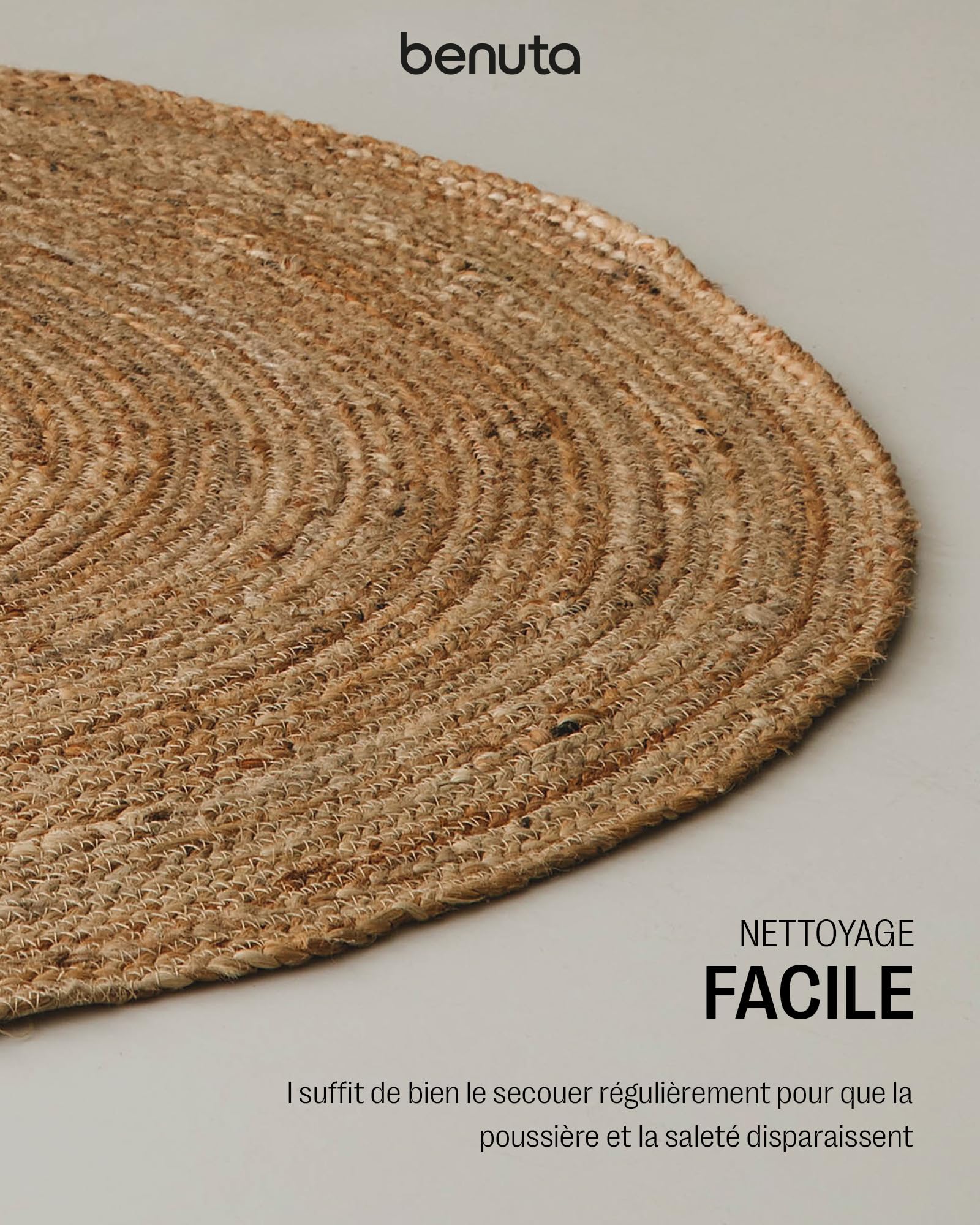 benuta Jutta Tapis en Jute Naturel - Rond 90 cm - Tapis de Salon tissé à la Main - Design Naturel - Convient pour Chauffage au Sol