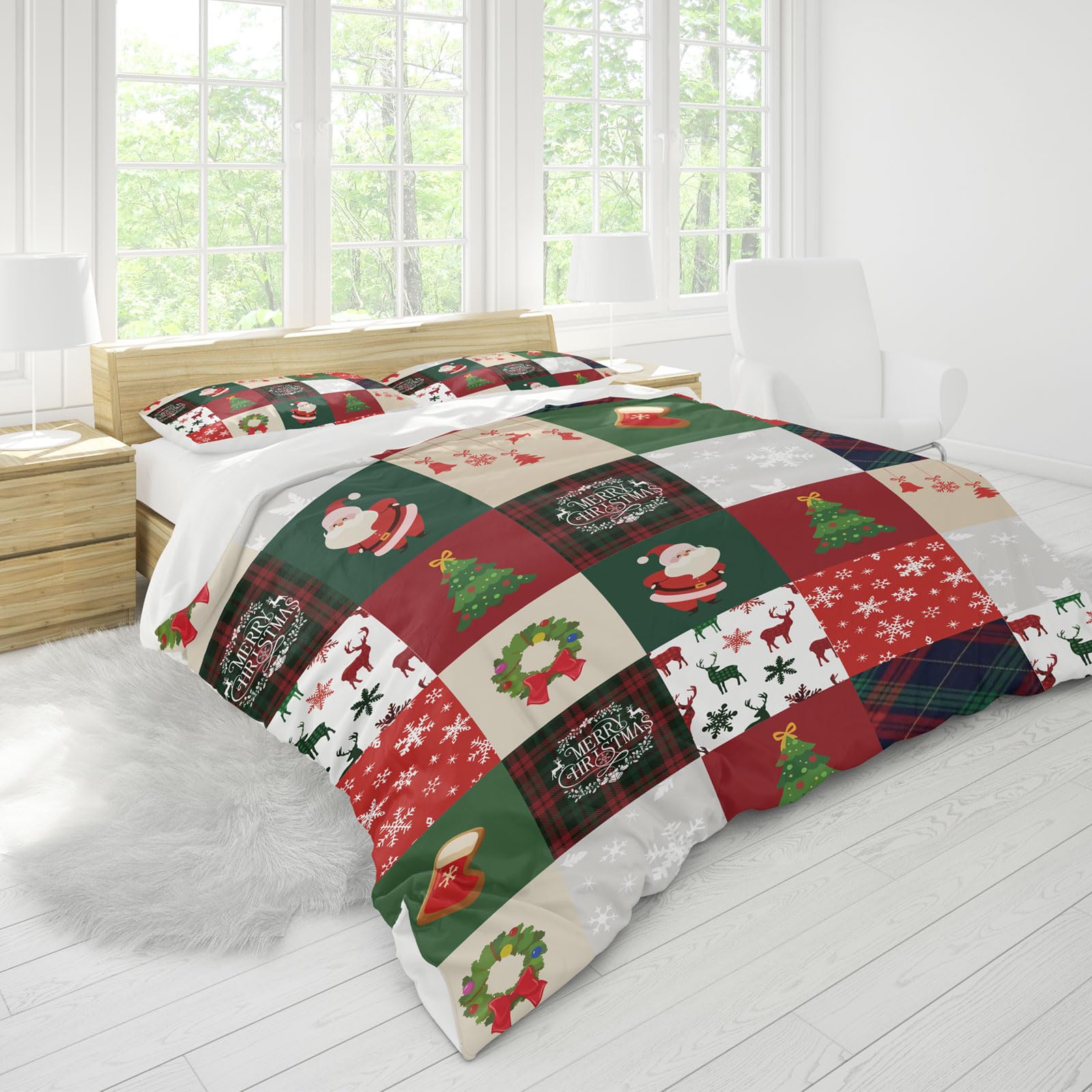 UGZDEA Christmas Bedding Set 200x200cm, 3D Christma Bedding Set including 2 Pillowcases, Father Christma, Christmas Tree - Image 2
