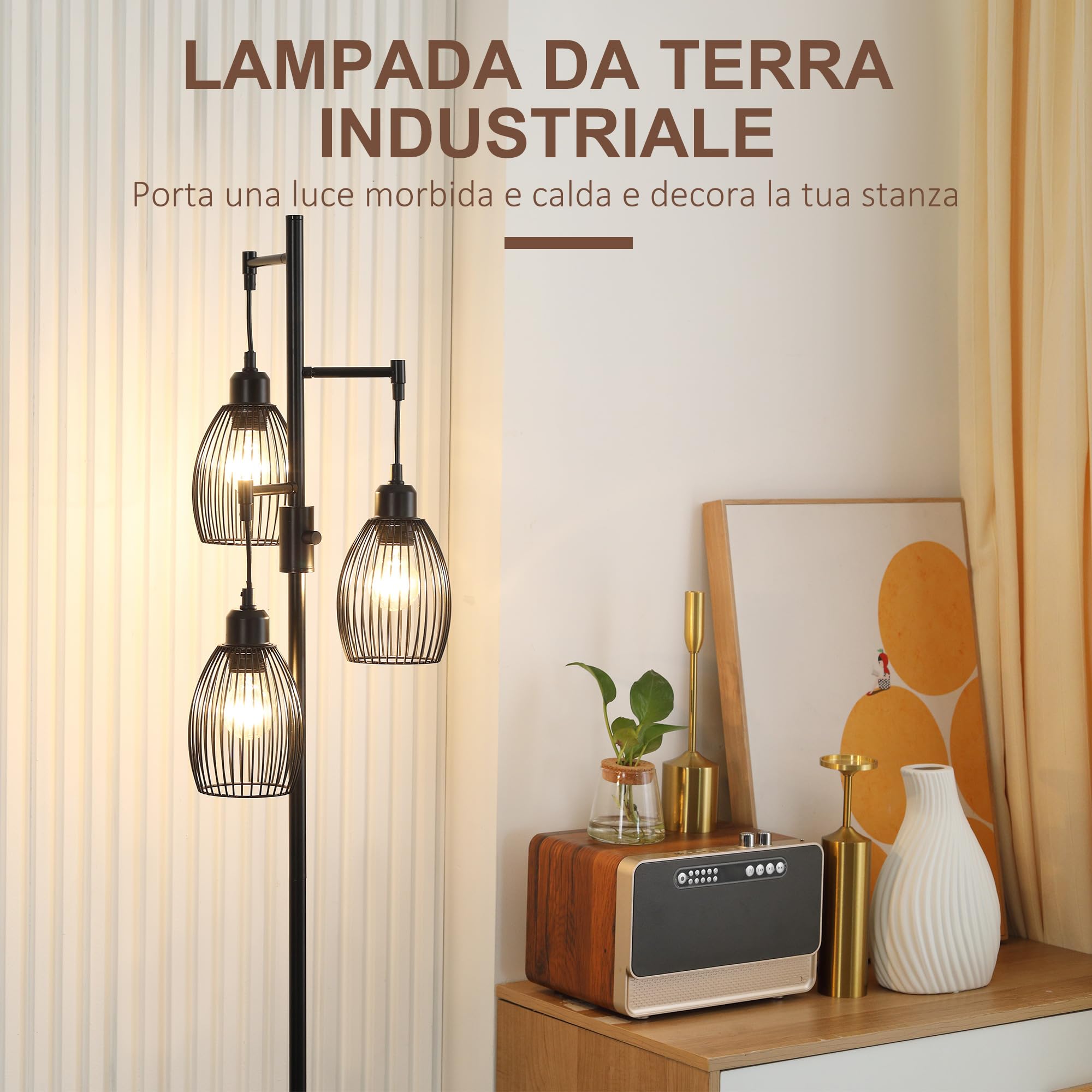 HOMCOM Lampada da Terra Industriale con 3 Paralumi, 30x30x170.5 cm, Nero | Intensità Regolabile, Piantana Lampada da Pavimento in Acciaio