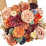 Serwalin Artificial Fall Flowers Orange Burgundy Silk Flowers Wedding Flowers Combo for Cake Home Party Decoration, Fake Flowers for Bridal Bouquets Floral Arrangements A Burgundy Orange 1...
