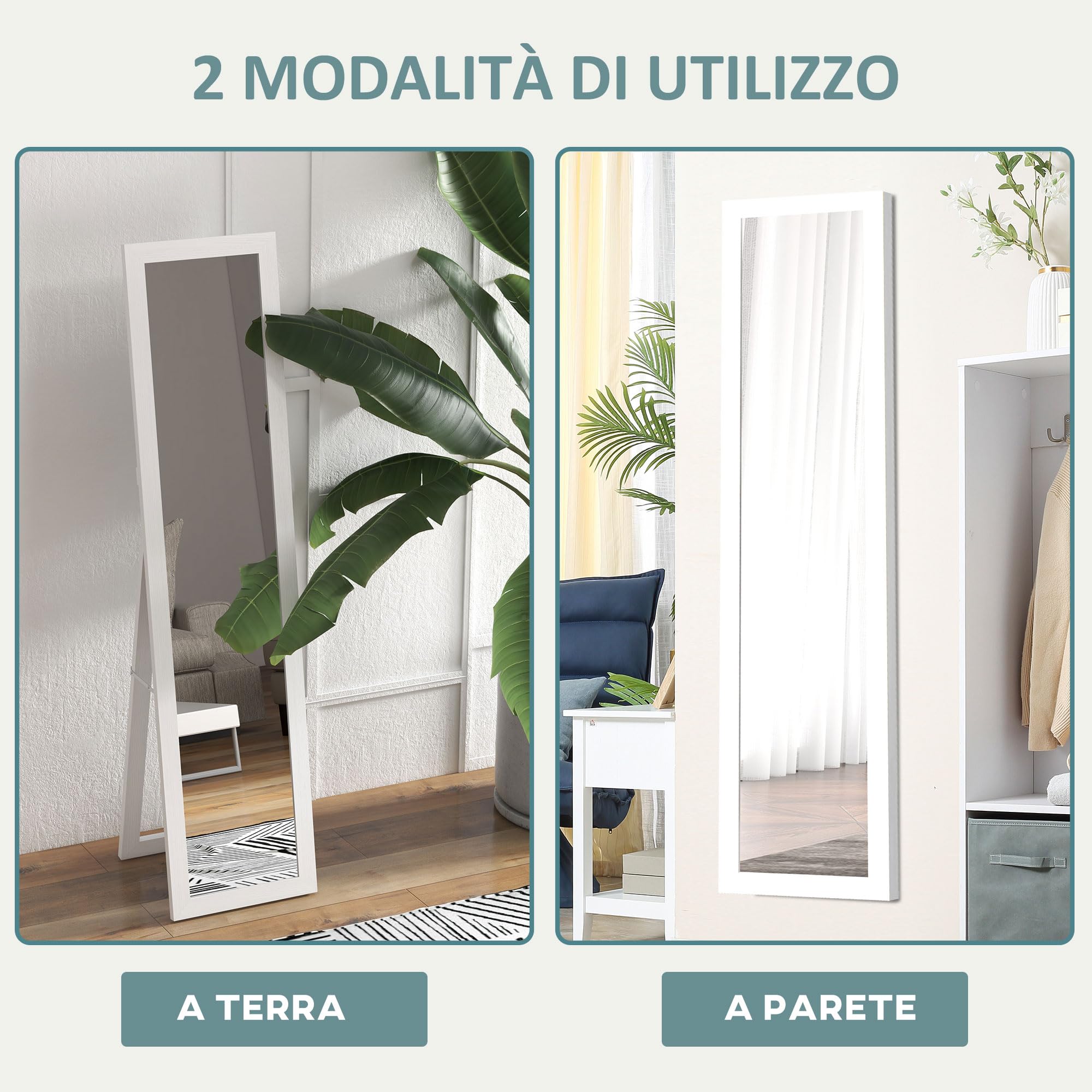 HOMCOM Specchio da Terra con Cornice in MDF con Piedini e Ganci, Specchio Moderno per Utilizzo a Parete, 37x40x155 cm, Bianco e Trasparente